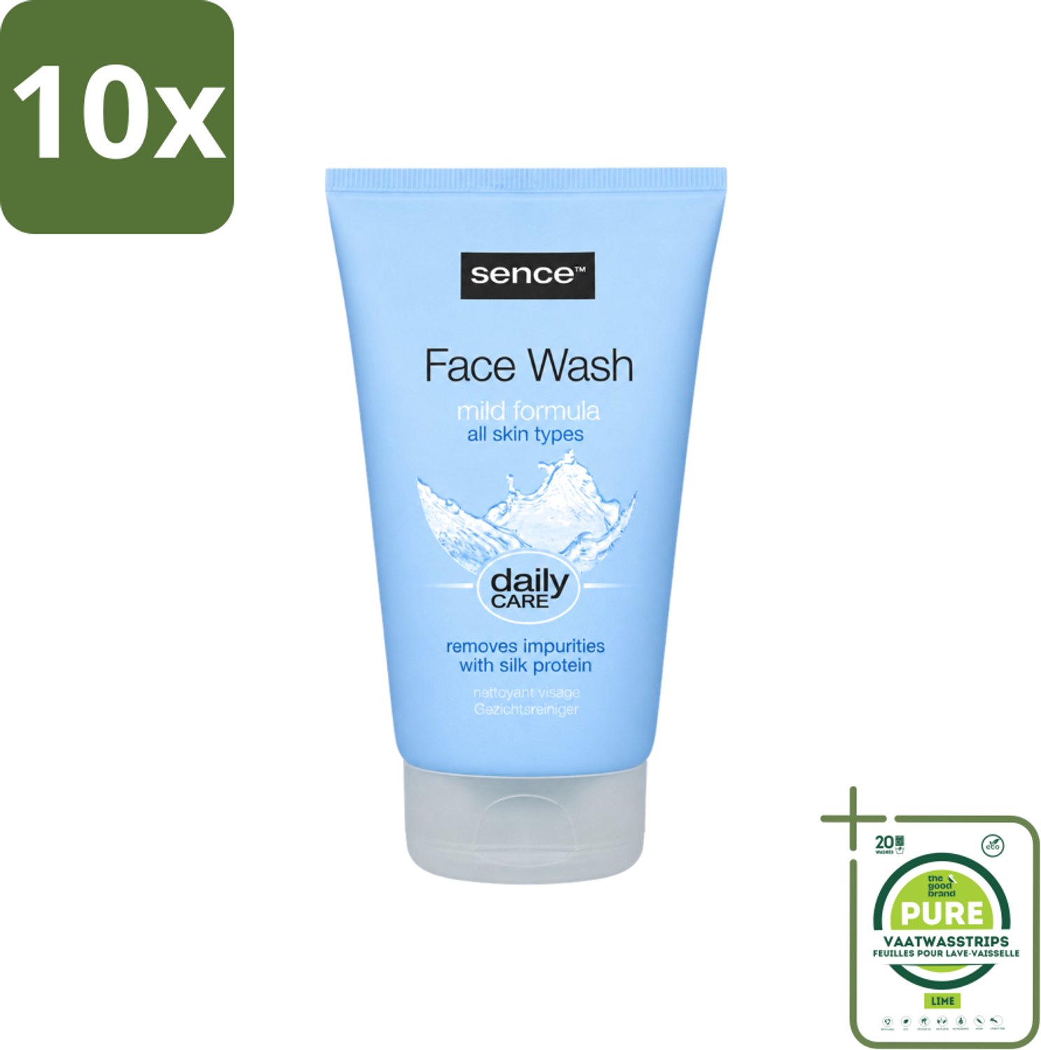 10 x Sence - Alle Huidtypes - Face Wash - Verfrissend - 150 ml - Grootverpakking - Vaatwasstrips - Face Wash - Huid Reinigen - Huid Verzorgen - Huid Verfrissen - Zijdeproteïne