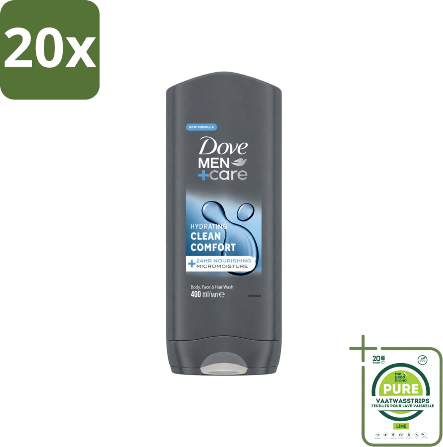 20 x Dove - Douchegel - Men+ Care Clean Comfort - Comfort en verzorging - 400 ml - Grootverpakking - Vaatwasstrips - Douchegel - Mannelijke Geur - Verfrissend - Energie - Reiniging