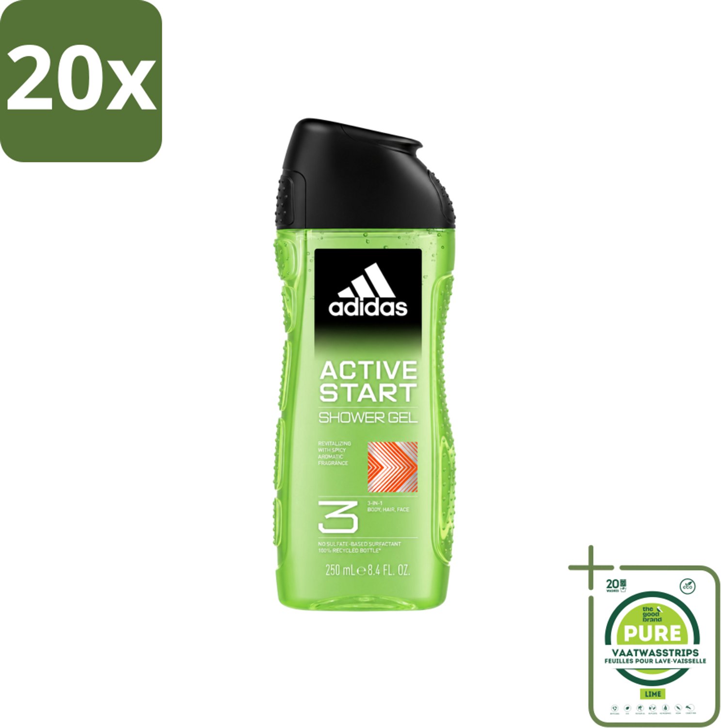 20 x Adidas - 3-in-1 Douchegel - Active Start - Kruidige Geur - Gerecyclede Verpakking - 250 ml - Grootverpakking - Vaatwasstrips - Douchegel - 3-in-1 - Lichaam - Gezicht - Haar