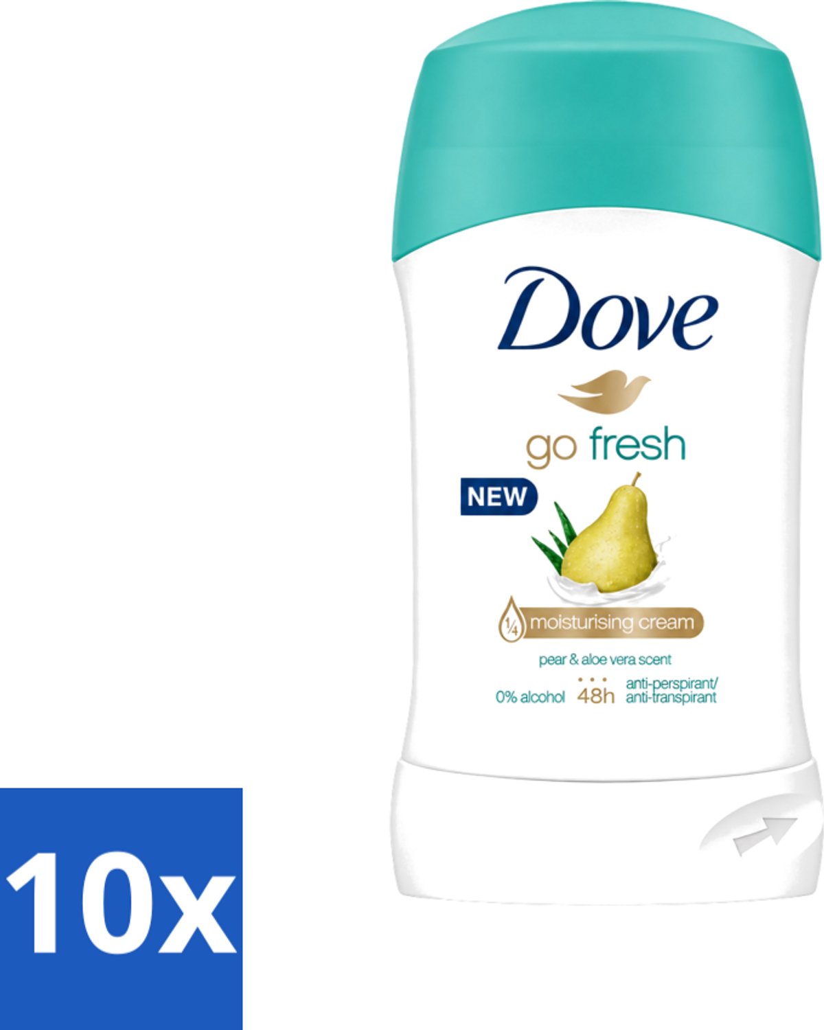 10 x Dove - Deodorant - Stick Go Fresh Pear & Aloe Vera - Frisse geur en bescherming - 40 ml - Voordeelverpakking - 10 stuks