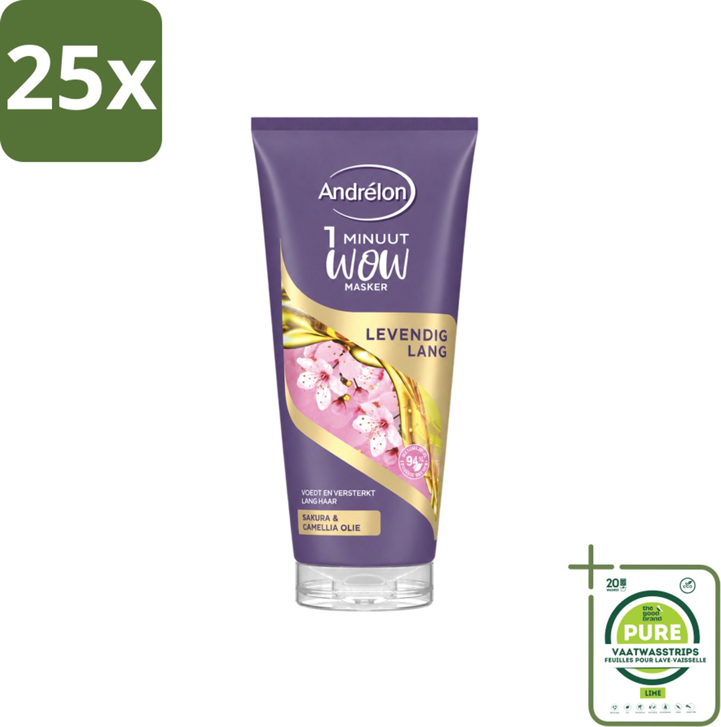 25 x Andrélon - WOW - Masker - Levendig Lang - 180 ml - Grootverpakking - Vaatwasstrips - Haarmasker - Lang Haar - Intensieve Verzorging - 1 Minuut - Sakura-olie