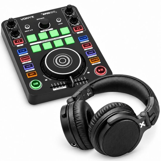 Vonyx Spin100 DJ-controller en zwarte over-ear koptelefoon.