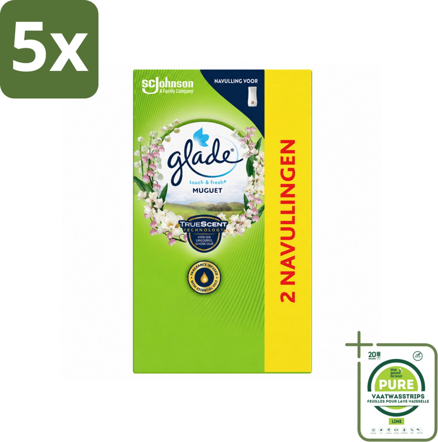 5 x Glade - Touch & Fresh Navulling - Lelietje-van-dalen - 2 × 10 ml - Grootverpakking - Vaatwasstrips - Navulling Muguet - Glade Touch & Fresh - Bloemige Geur - Frisse Geur - Geurverspreiding