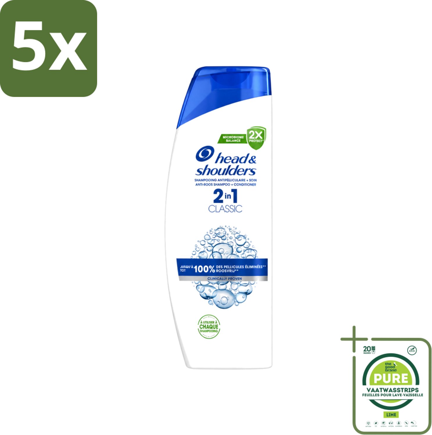 5 x Head & Shoulders - Shampoo - 2-in-1 - Classic - 100% Roosvrij - 400 ml - Grootverpakking - Vaatwasstrips - Roosvrij Haar - Roosverlichting - Anti-roos Shampoo - Hoofdoorzaak Roos - Droogheid Beheersen