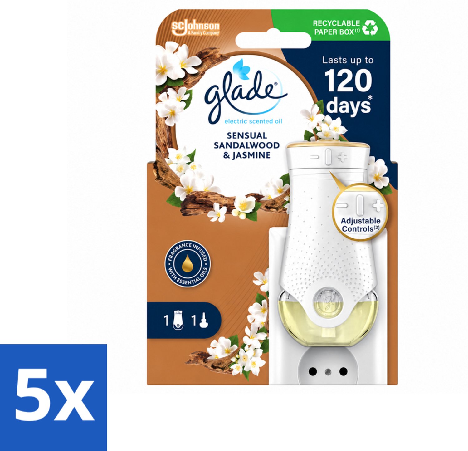 5 x Glade - Houder Elektrische Olie - Sensual Sandelhout Jasmijn - Voordeelverpakking - 5 stuks