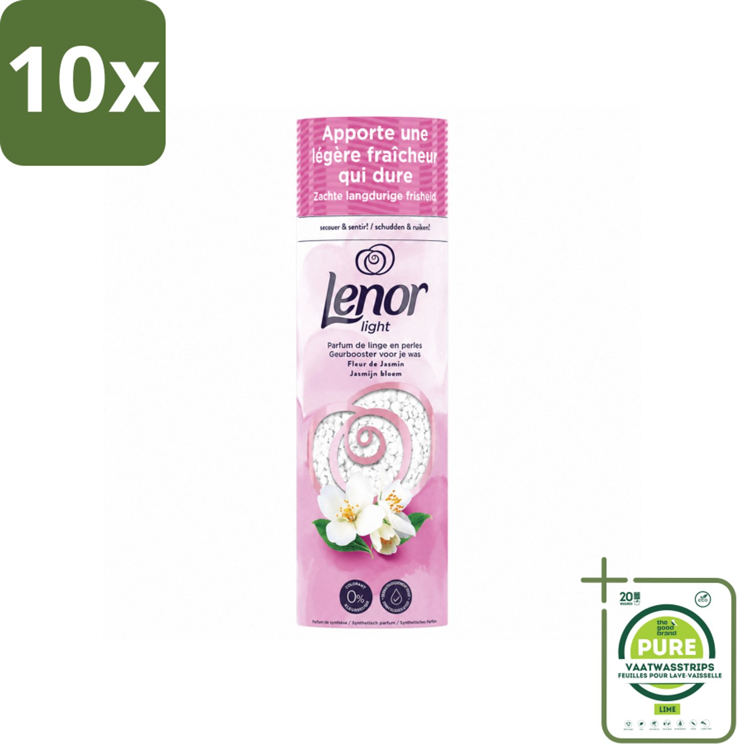 10 x Lenor Light - Geurbooster - Jasmijn - Non-Stop Frisheid - 19 Wasbeurten - Grootverpakking - Vaatwasstrips - Wasgeur - Zijdebloesem - Pioenroos - Geurbooster - Wasgoed