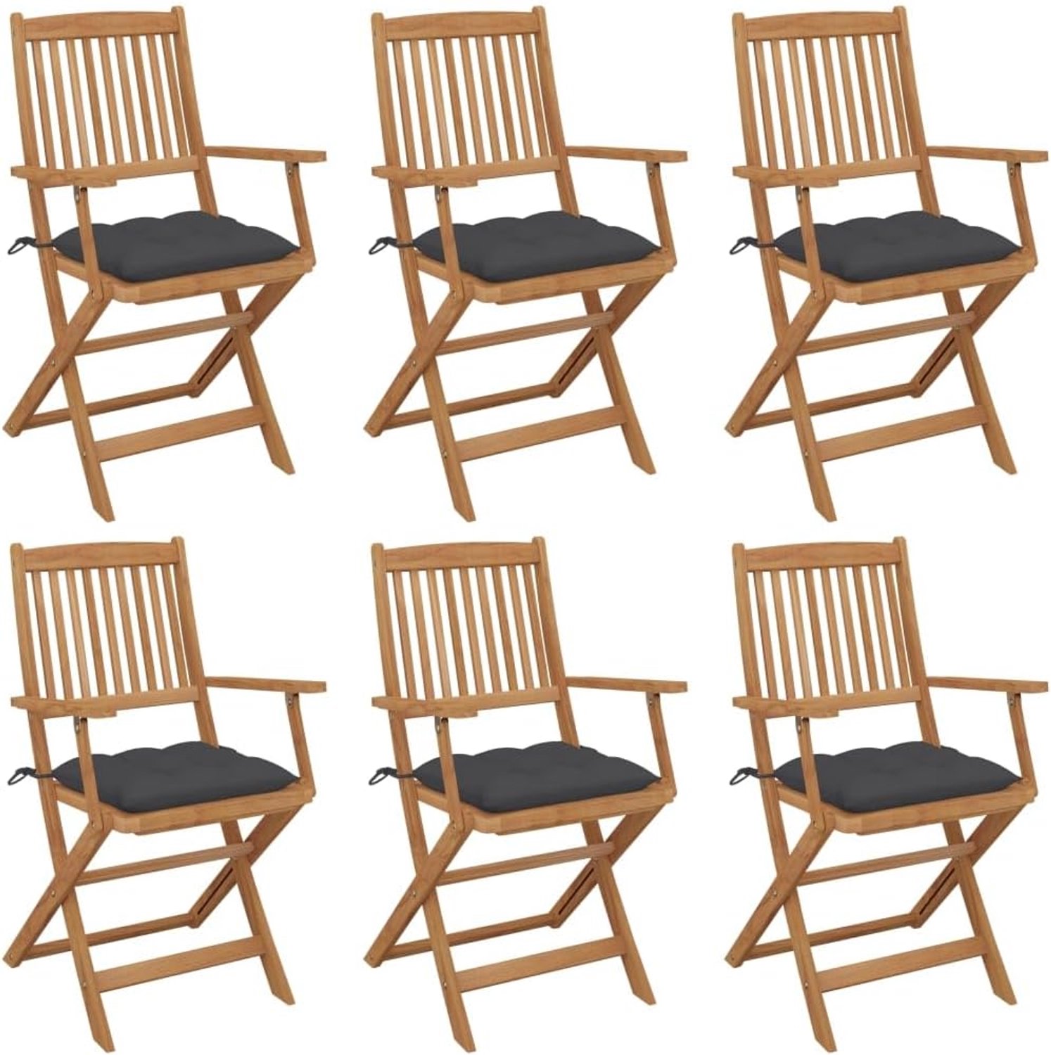 Tuinstoelen van massief acaciahout, 6 stuks, met bijgevoegd zitkussen voor terras en balkon, opvouwbare stoelen voor buiten, duurzame houten stoelen