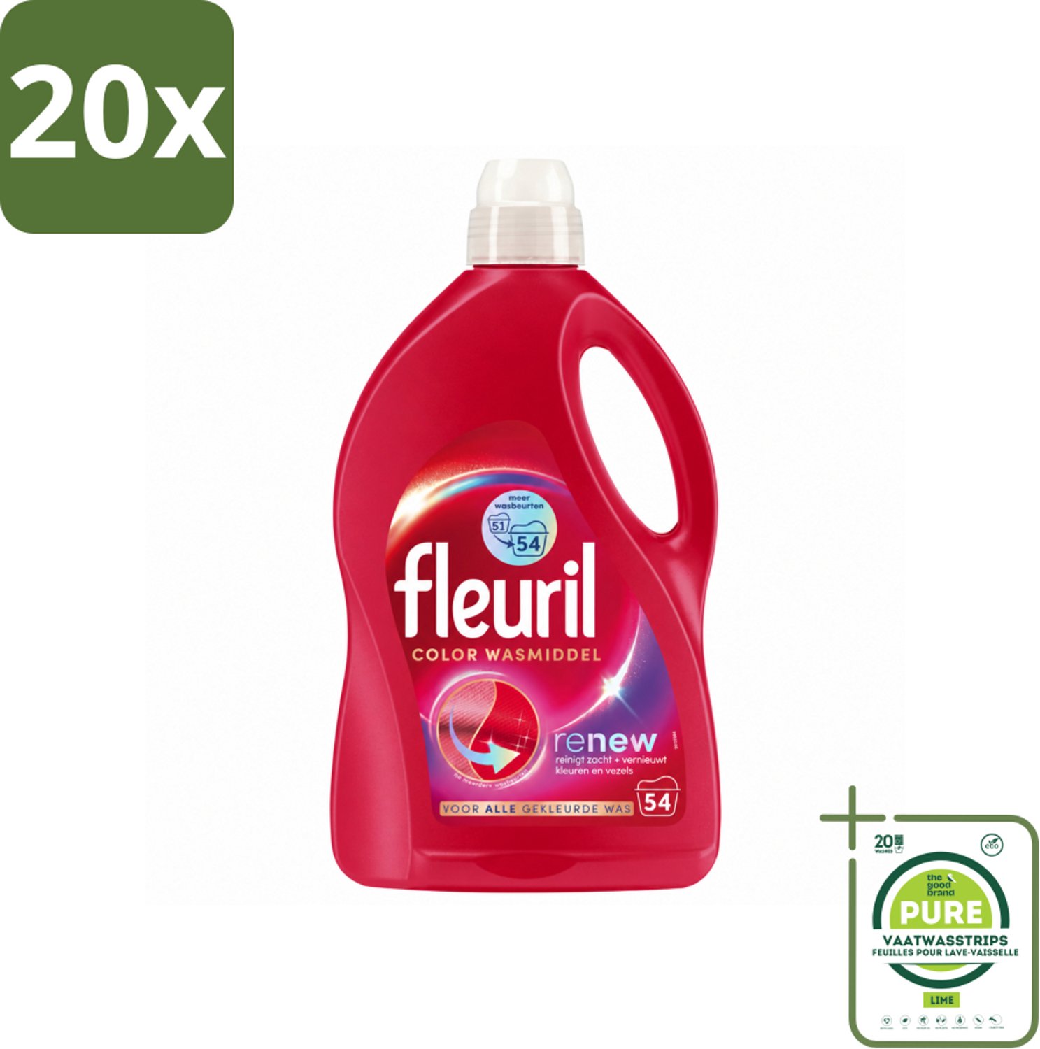 20 x Fleuril - Wasmiddel - Renew Color Vloeibaar Wasmiddel - Gekleurde Was - 54 wasbeurten - Grootverpakking - Vaatwasstrips - Kleurbehoud - Wasmiddel Voor Gekleurde Kleding - Vloeibaar Wasmiddel - Vezelverzorging - Frisse Geur
