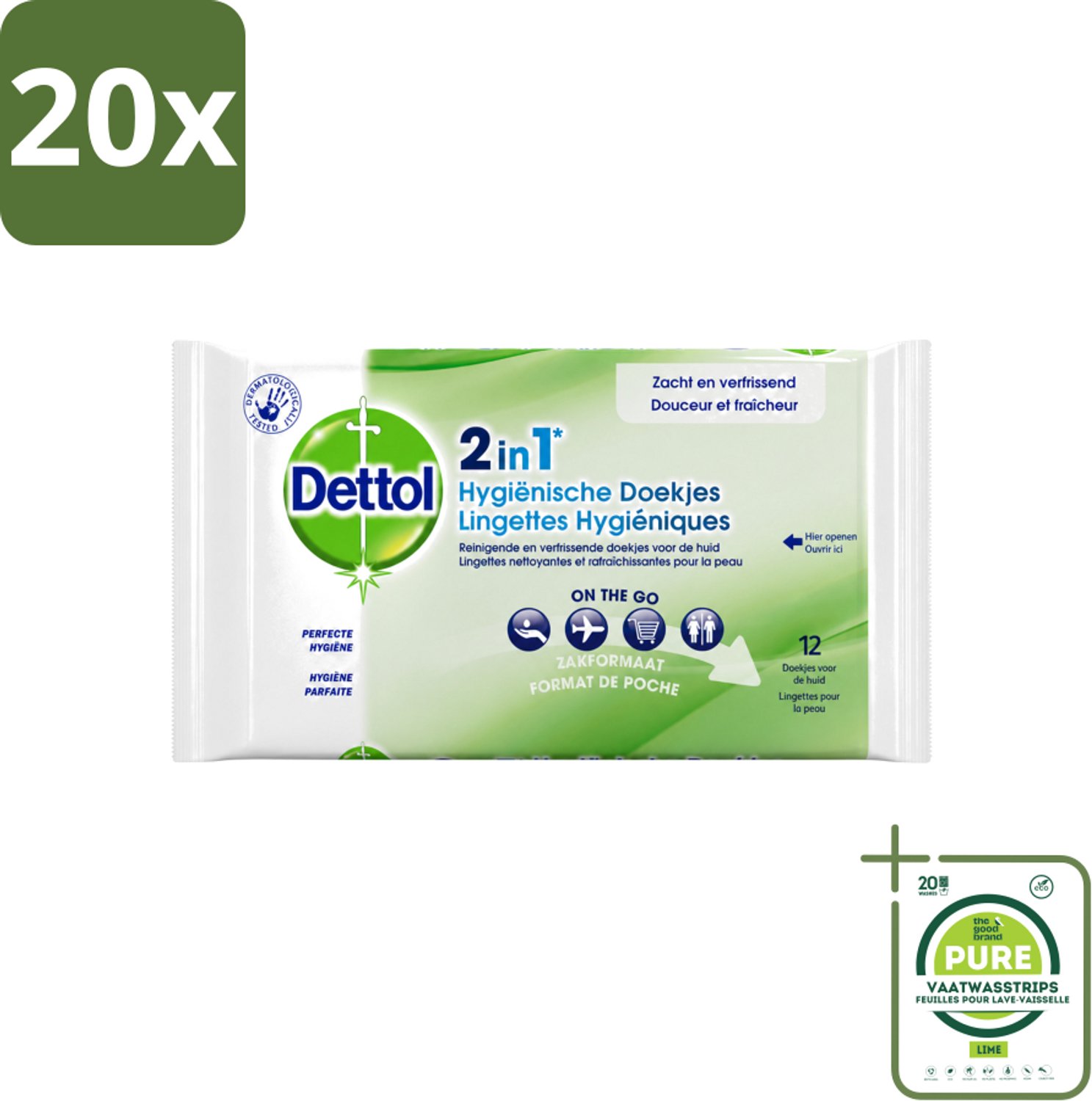 20 x Dettol - Reinigingsdoekjes - 2-in-1 Reiniging & Desinfectie - On the Go - 12 Doekjes - Grootverpakking - Vaatwasstrips - Hygiëne - Reinigen - Desinfectie - Doekjes - Bacteriënbestrijding