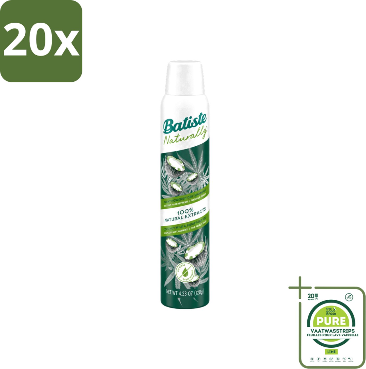 20 x Batiste - Naturally Coconut Milk & Hemp Seed Oil - Droogshampoo - Anti-Pluis en Verfrist - 100% Natuurlijk - 200ml - Grootverpakking - Vaatwasstrips - Natuurlijk Haarverzorging - Droogshampoo - Pluisvrij Haar - Kokosmelk - Hennepzaadolie