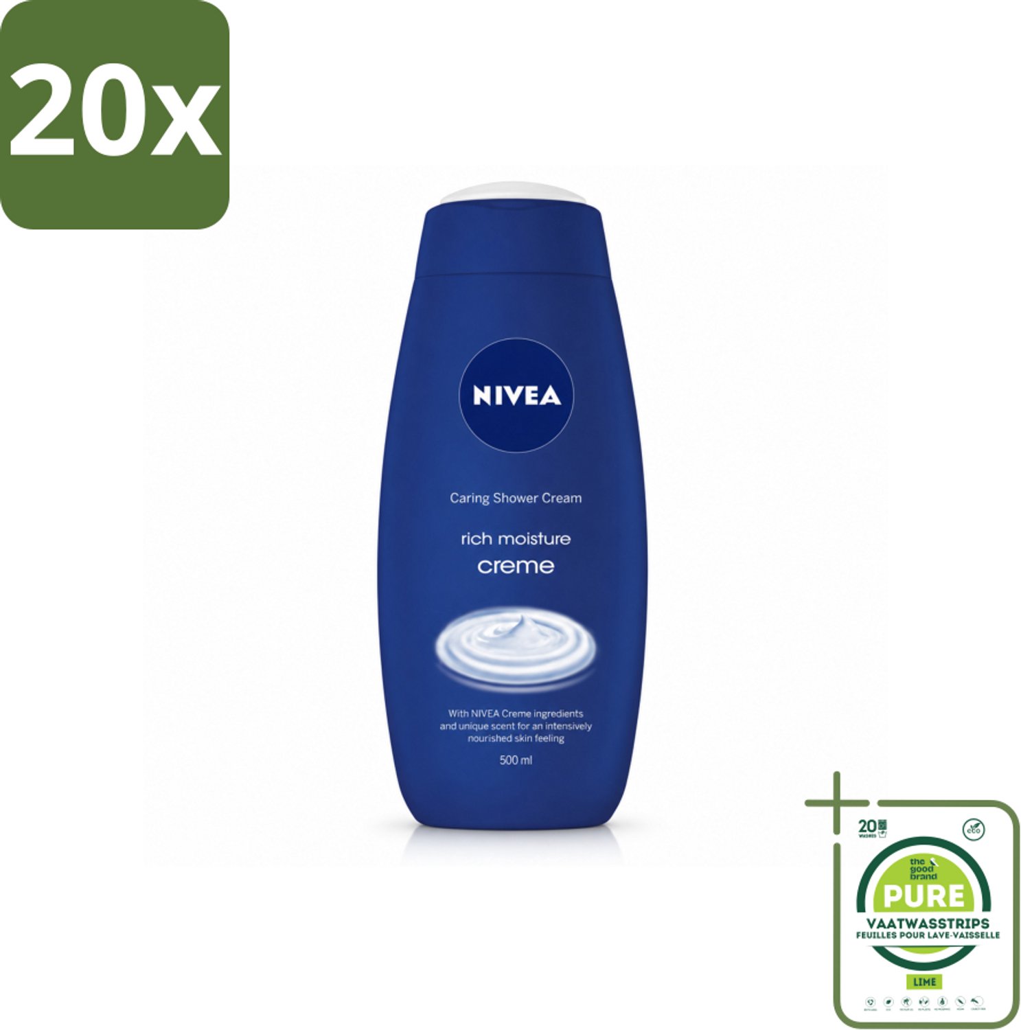 20 x NIVEA - Douchecrème - Rijke Hydratatie - Voedend Huidgevoel - 500 ml - Grootverpakking - Vaatwasstrips - Douchecrème - Voedende Douchecrème - Hydratatie - Huid Verzorging - NIVEA