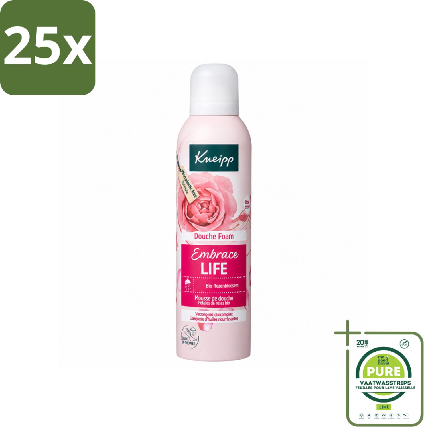 25 x Kneipp - Douche schuim - Embrace Life - Anti‑Aging verzorging - 200 ml - Grootverpakking - Vaatwasstrips - Douche Foam - Roze Schuim - Vrouwelijke Geur - Hydratatie - Huid Verzorging