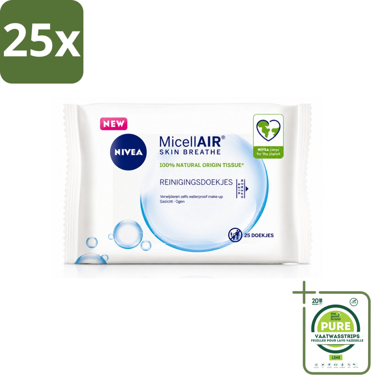 25 x NIVEA - Reinigingsdoekjes - 3-in-1 Micellaire Doekjes - Verwijdert Waterbestendige Make-up - 25 Doekjes - Grootverpakking - Vaatwasstrips - Reinigingsdoekjes - Huidverzorging - Make-up Verwijderen - Vitamine E - Micellair Technologie