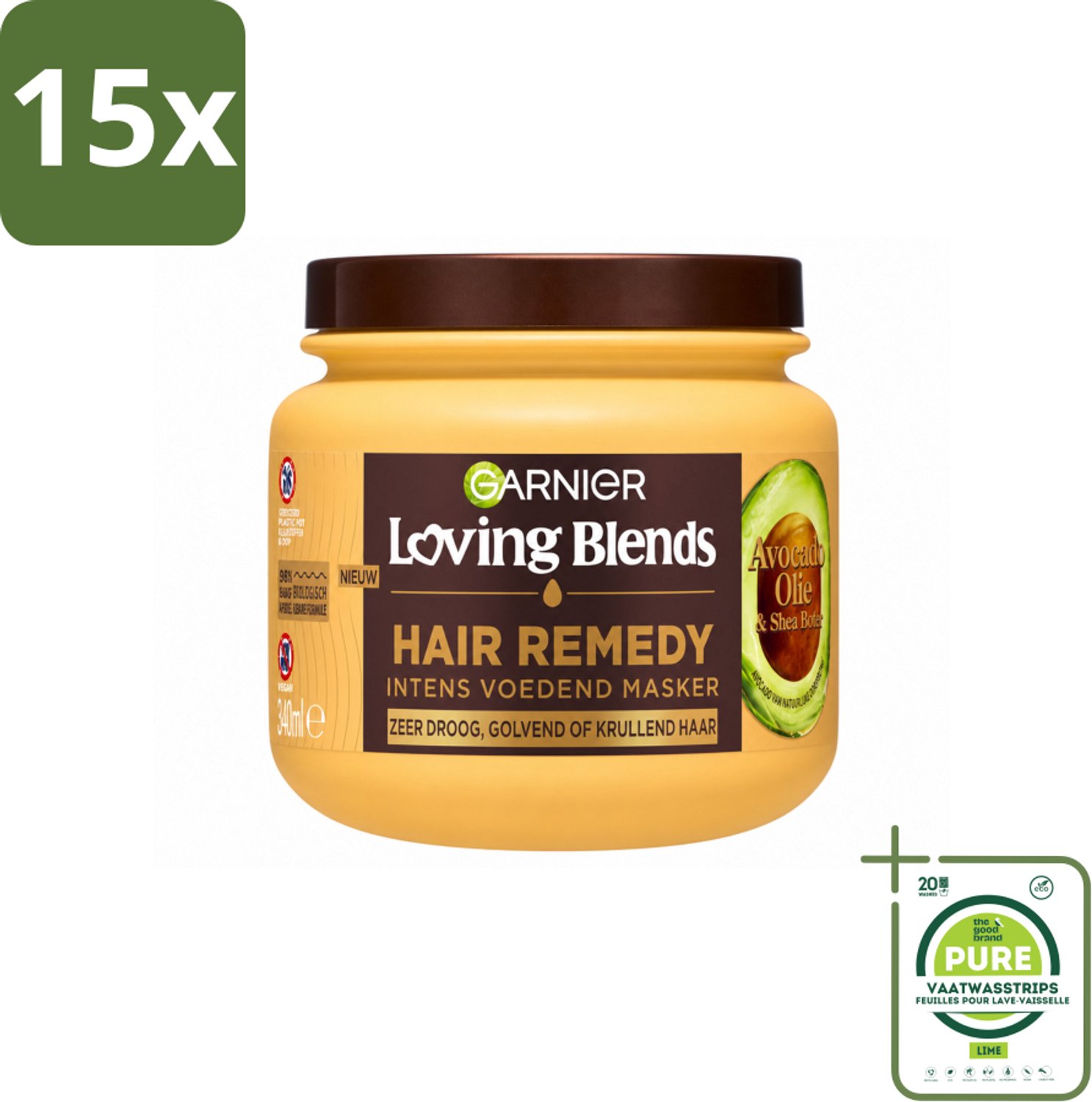 15 x Garnier - Loving Blends - Haarmasker - Avocado Olie & Shea Boter - Ultra Voedend - Golvend & Krullend Haar - 340 ml - Grootverpakking - Vaatwasstrips - Haarmasker - Avocado Olie - Shea Boter - Voedend Haar - Pluisvrij Haar