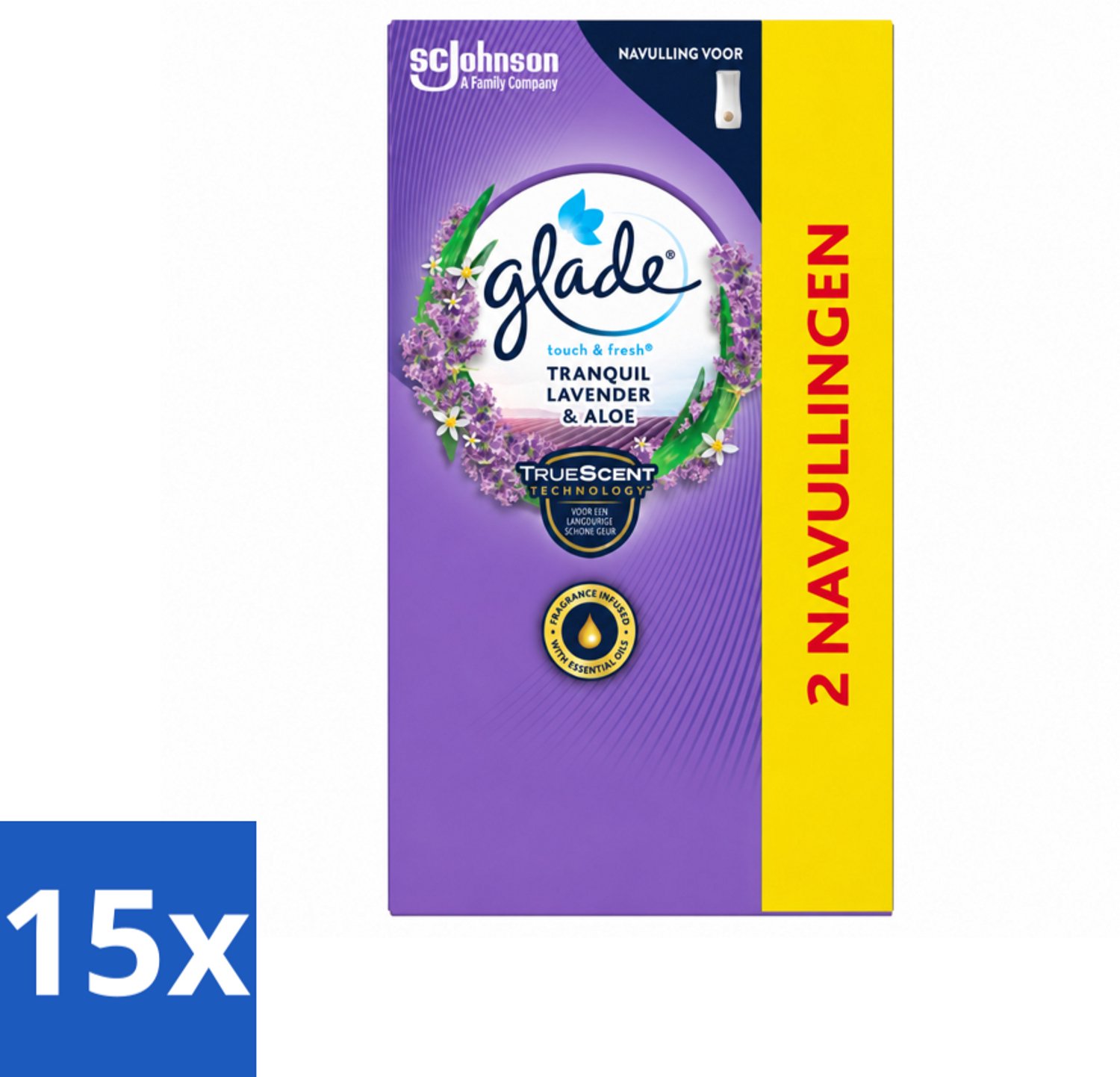 15 x Glade - Touch & Fresh Navulling - Tranquil Lavender & Aloë - 2 × 10 ml - Voordeelverpakking - 15 stuks