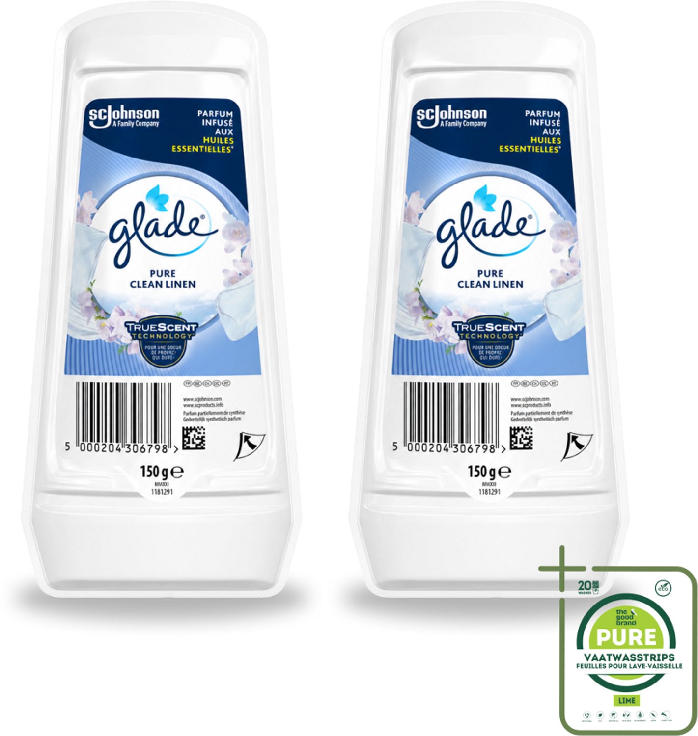 2 x Glade - Gel - Pure Clean Linen - 150 g - Grootverpakking - Vaatwasstrips - Luchtverfrisser - Linnengeur - Geurverspreider - Frisse Geur - Geur In Huis