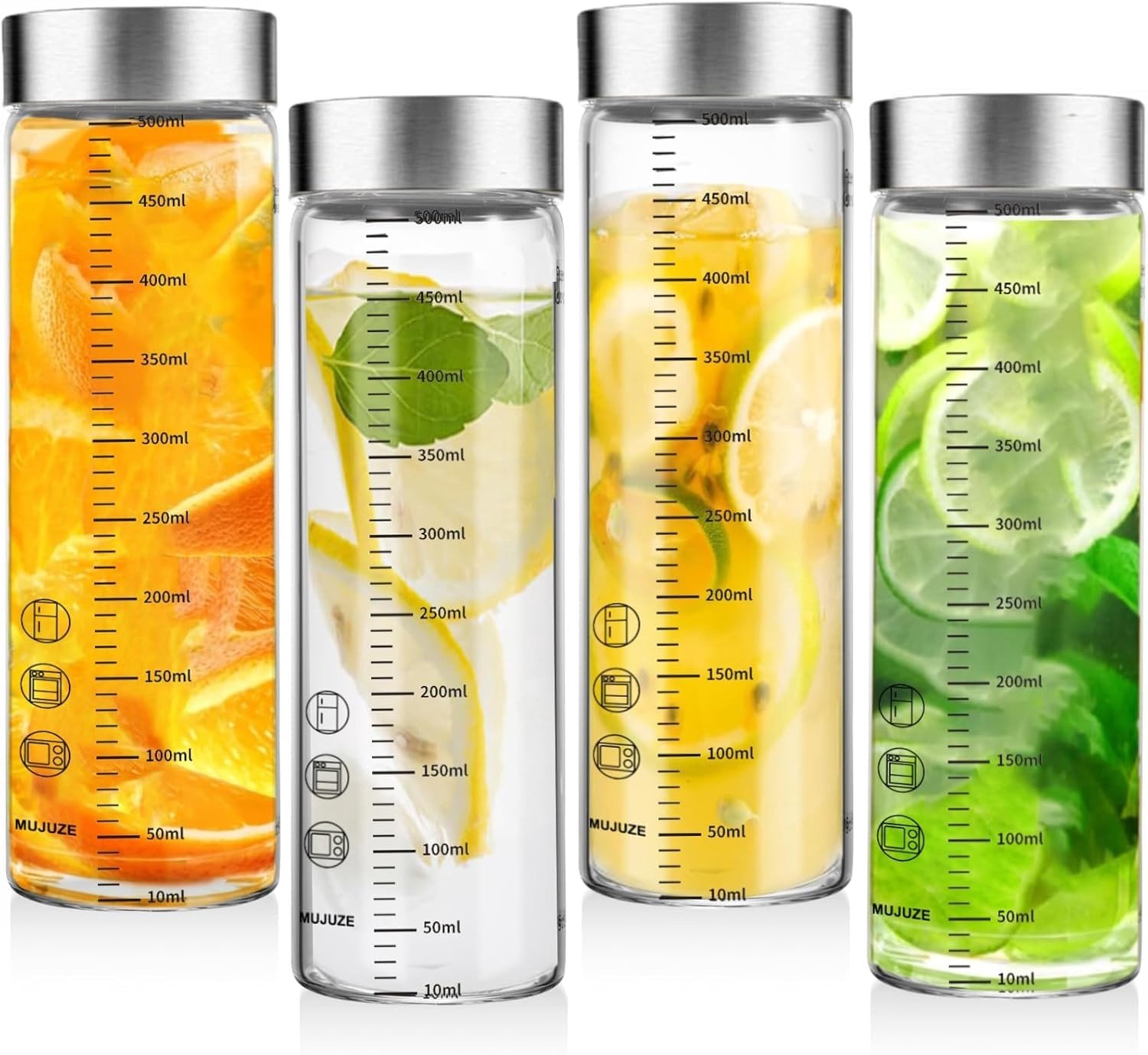 Glazen Flessen 500 ml met RVS Deksel - Set van 4, Met Maatverdeling