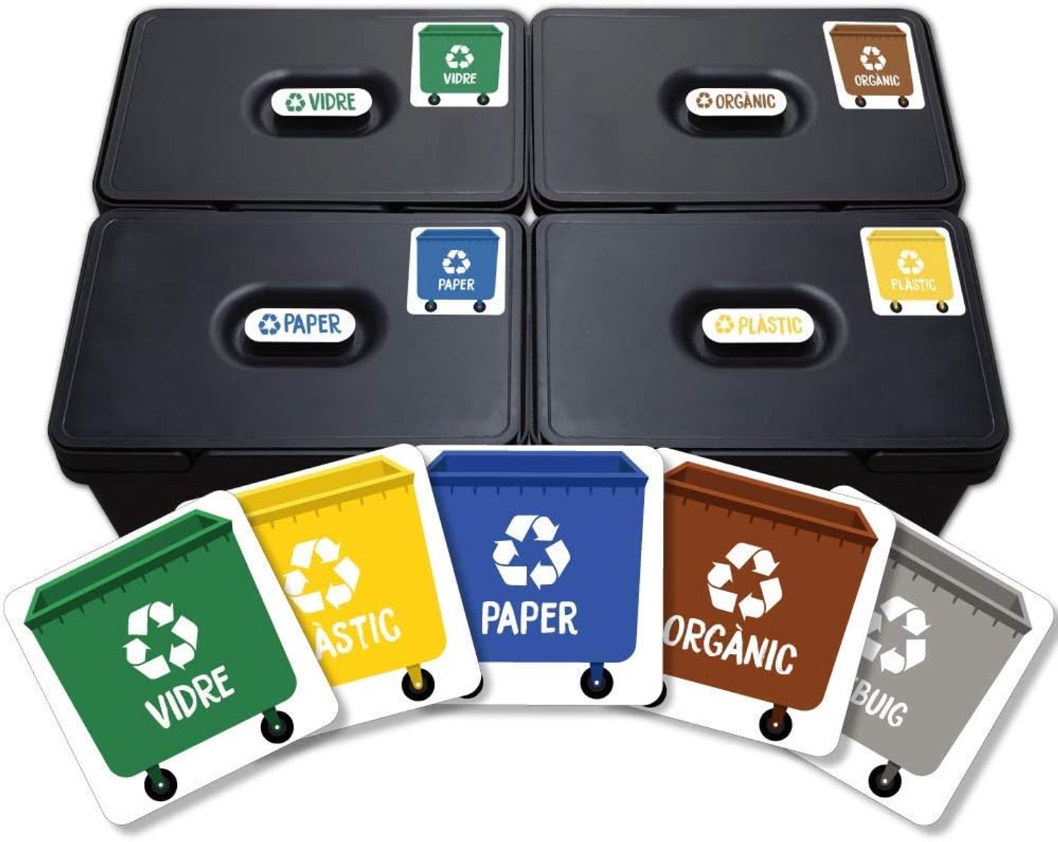 5 stickers per Recyclatge d'Escombraries. Zelfklevend via afvalverwijdering 4,8 cm x 4,8 cm.