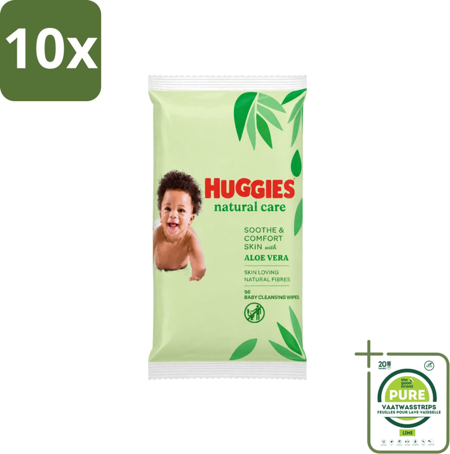 10 x Huggies - Billendoekjes - Huidvriendelijk - Met Aloë Vera - 56 Babydoekjes - Grootverpakking - Vaatwasstrips - Billendoekjes Voor Baby - Zachte Reiniging - Hypoallergeen - Aloë Vera - Vitamine E