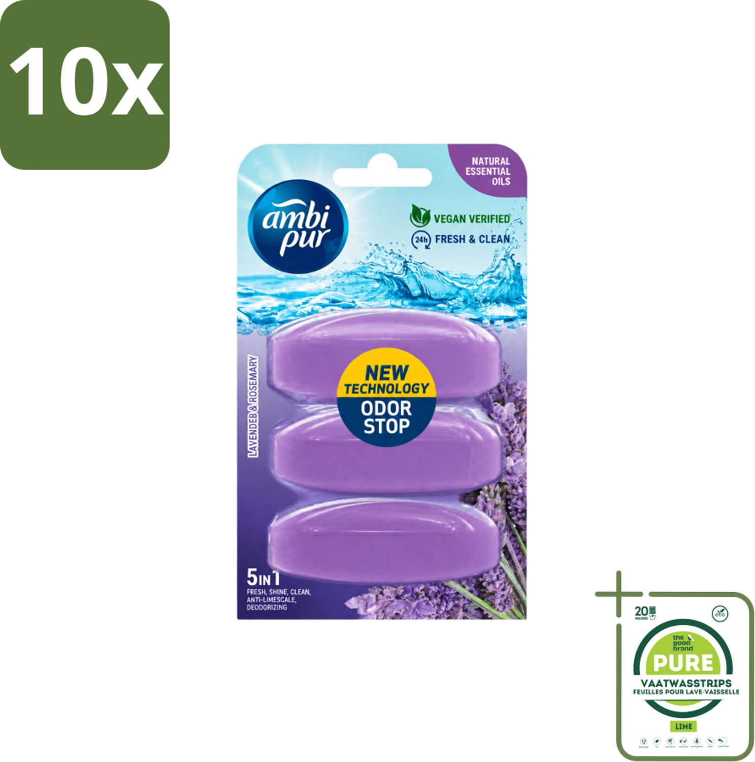 10 x Ambi Pur - Navulling Toiletblok - Lavendel & Rozemarijn - 3 Blokken - Grootverpakking - Vaatwasstrips - Toiletblok Navulling - Reinigingsvulling - Frisse Toiletomgeving - Lavendel En Rozemarijn - Hygiëne