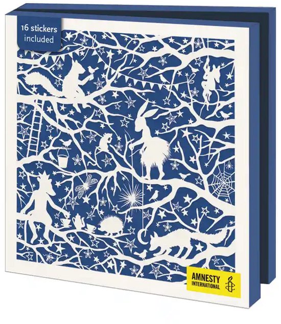 Vierkant kaartenmapje met blauw-witte illustraties van dieren in bomen, Amnesty International logo en 16 stickers.
