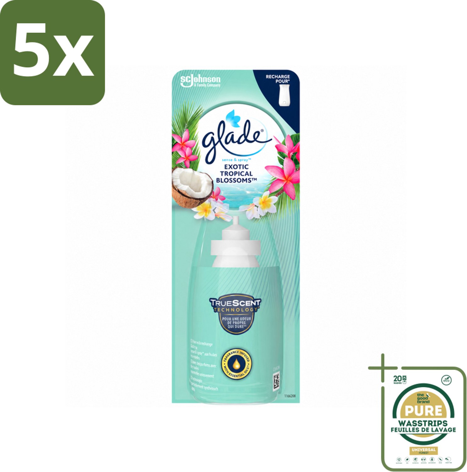5 x Glade – Sense & Spray Navulling – Exotic Tropical Blossoms – 18 ml - Wasstrips - Tropische Geur - Luchtverfrisser Met Bewegingssensor - Kokos En Bloemen - Exotische Geur - Luchtverfrisser