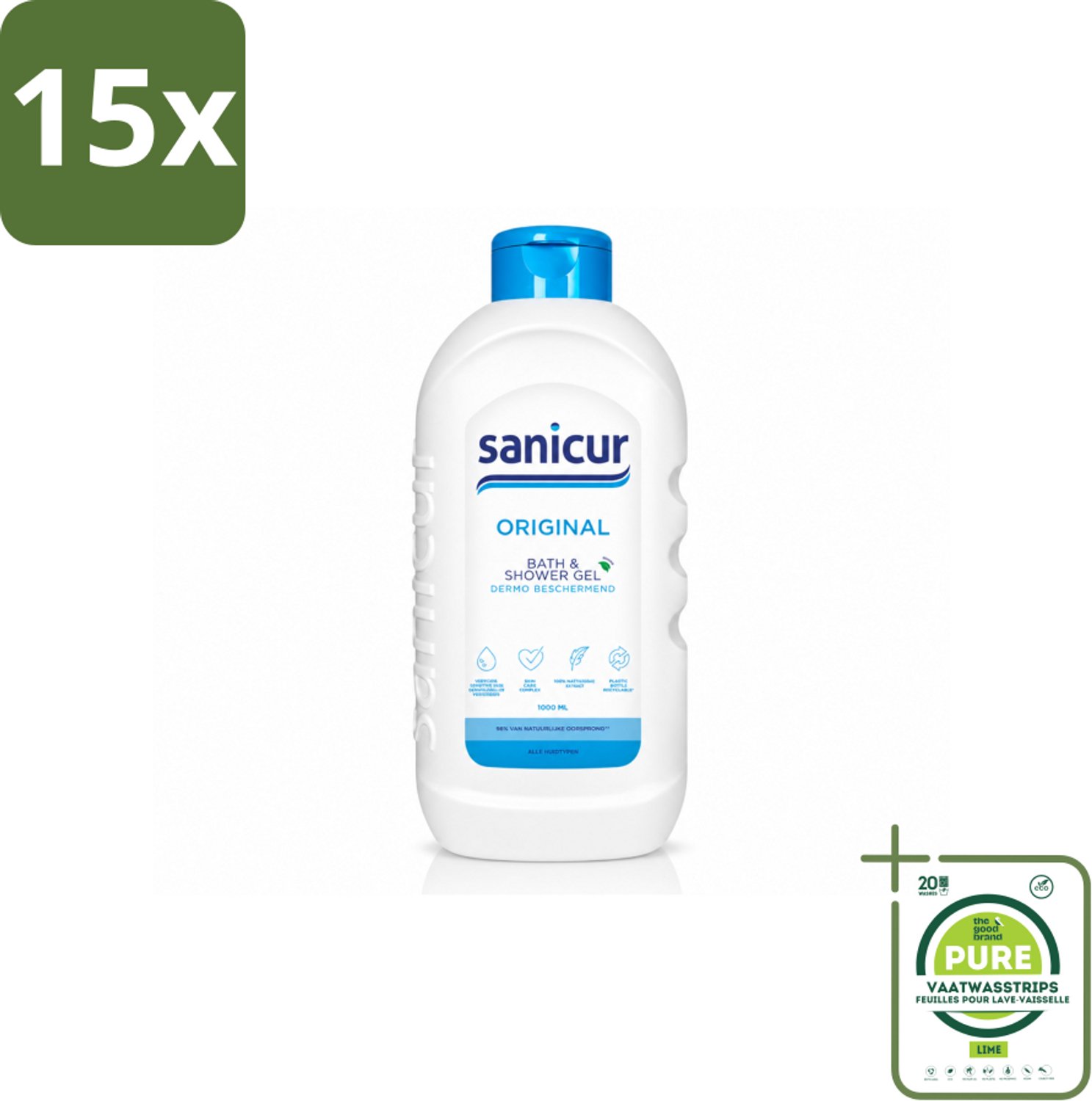 15 x Sanicur – Bad & Douchegel – Original – 1000 ml - Grootverpakking - Vaatwasstrips - Bad En Douche Gel - Huidverzorging - Vochtregulerend - PH-huidneutraal - Huidbeschermend