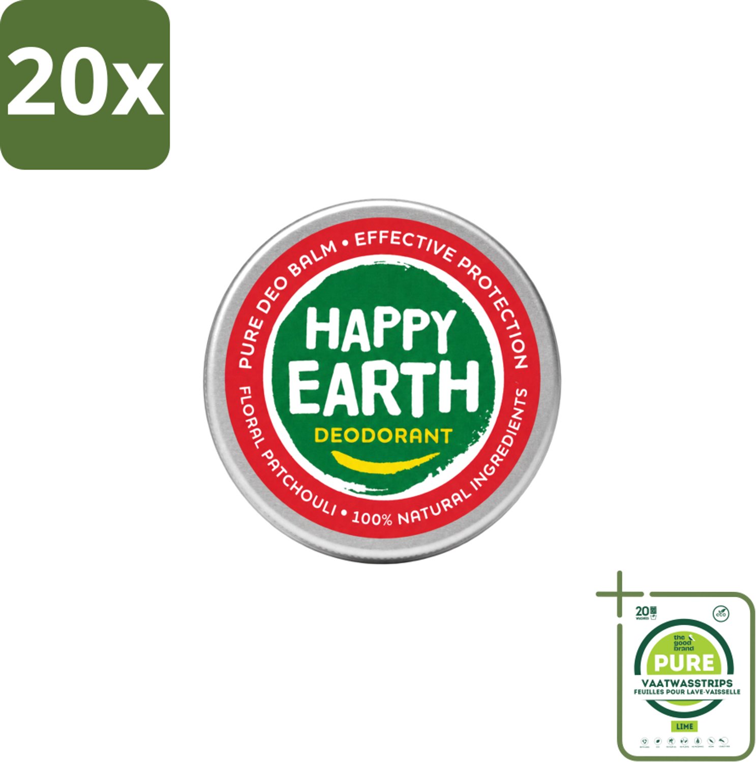 20 x Happy Earth – Deodorant Balm – 100% Natuurlijk Floral Patchouli – 45 g - Grootverpakking - Vaatwasstrips - Deodorant Balm - Natuurlijke Deodorant - Bloemige Geur - Patchouli - Huidvriendelijk