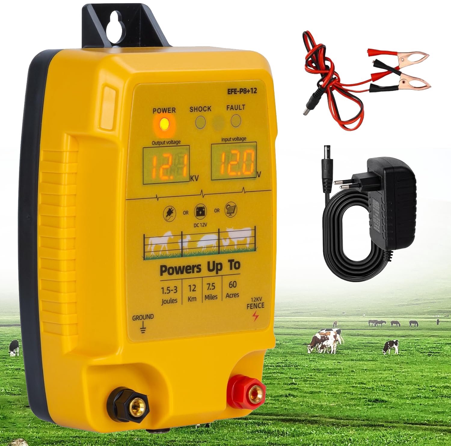 12V Elektrisch hek met LED-display, 1,5-3 Joule, waterdicht stroomafname, bereik 10 km, elektrisch hek voor rundvee, schapen, gevogelte en vee