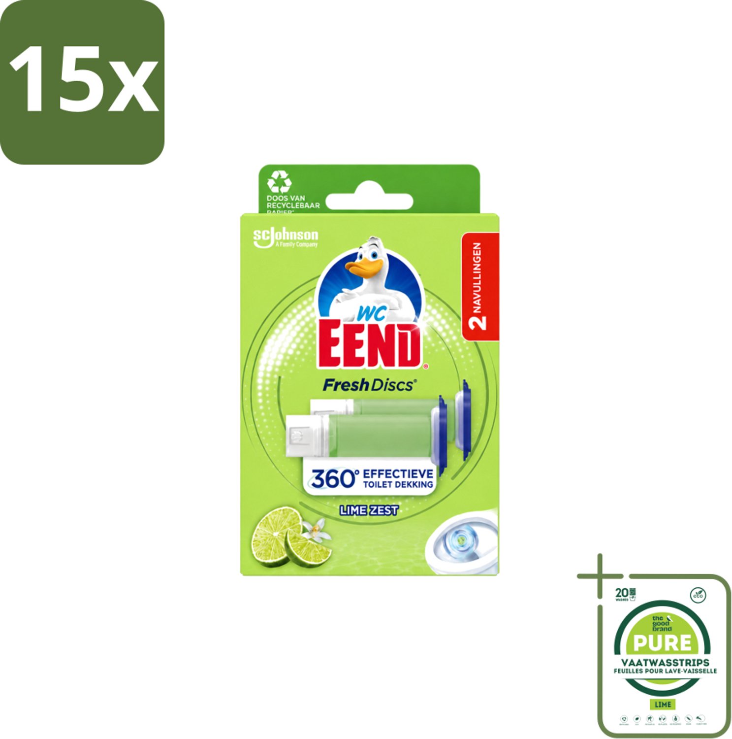 15 x WC Eend – Fresh Discs – Duo Navulling – Lime Zest – 72 ml - Grootverpakking - Vaatwasstrips - Toilet Reinigen - Toilet Hygiëne - Toilet Fris - Toilet Navulling - Toilet Gel Discs
