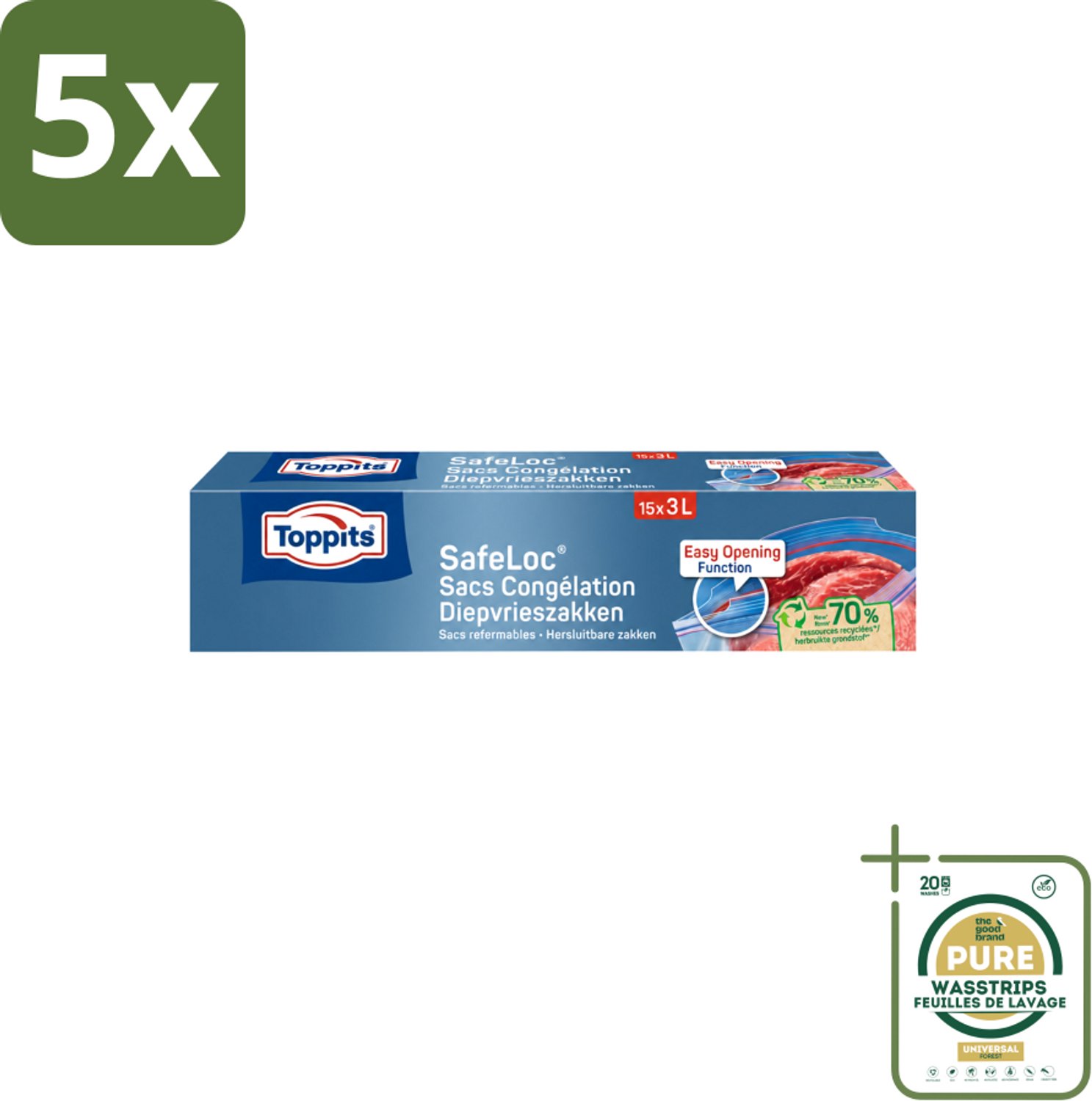 5 x Toppits – Safeloc Zip-Diepvrieszakken – 3 Liter – 15 Zakjes - Wasstrips - Diepvrieszakken - Dubbele Sluiting - Voedselbescherming - Herbruikbaar - Vriesbrand