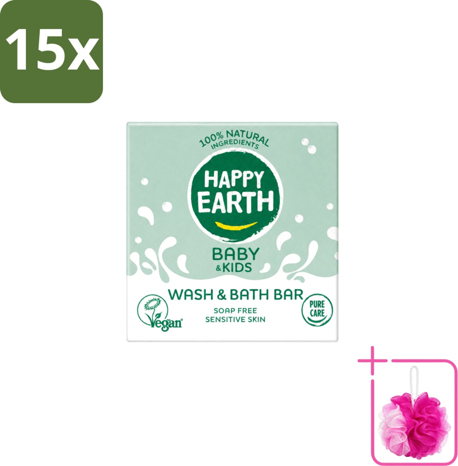 15 x Happy Earth – Wash & Bath Bar – 100% Natuurlijk Baby & Kids – 50 g - Bulkverpakking - Baby wasbar - Douchemop - Kind badbar