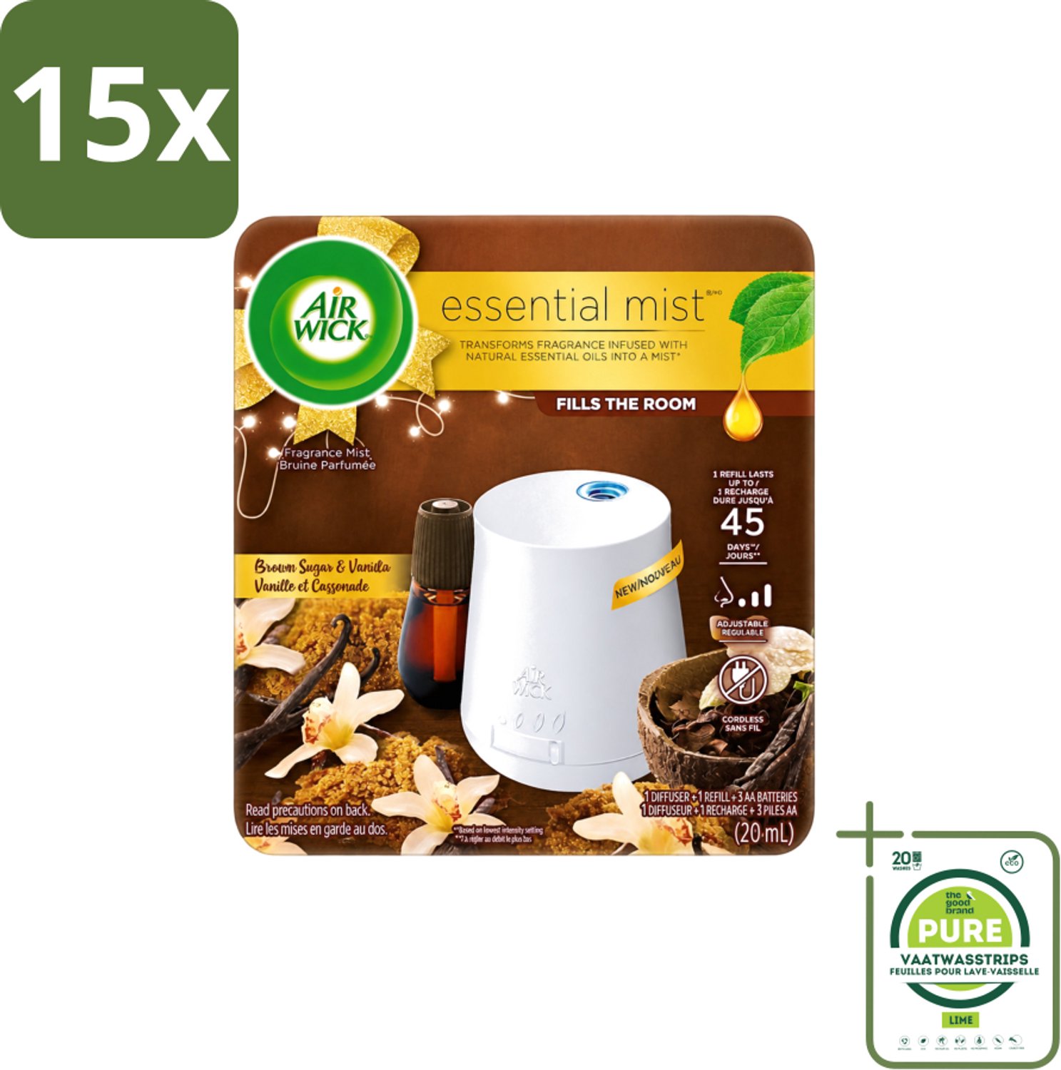 15 x Air Wick Essential Mist - Elektrische Geurverspreider - Starterkit - Vanille & Bruine Suiker - 20ml - Grootverpakking - Vaatwasstrips - Geurverspreider - Vanille - Bruine Suiker - Essentiële Oliën - Warme Geur