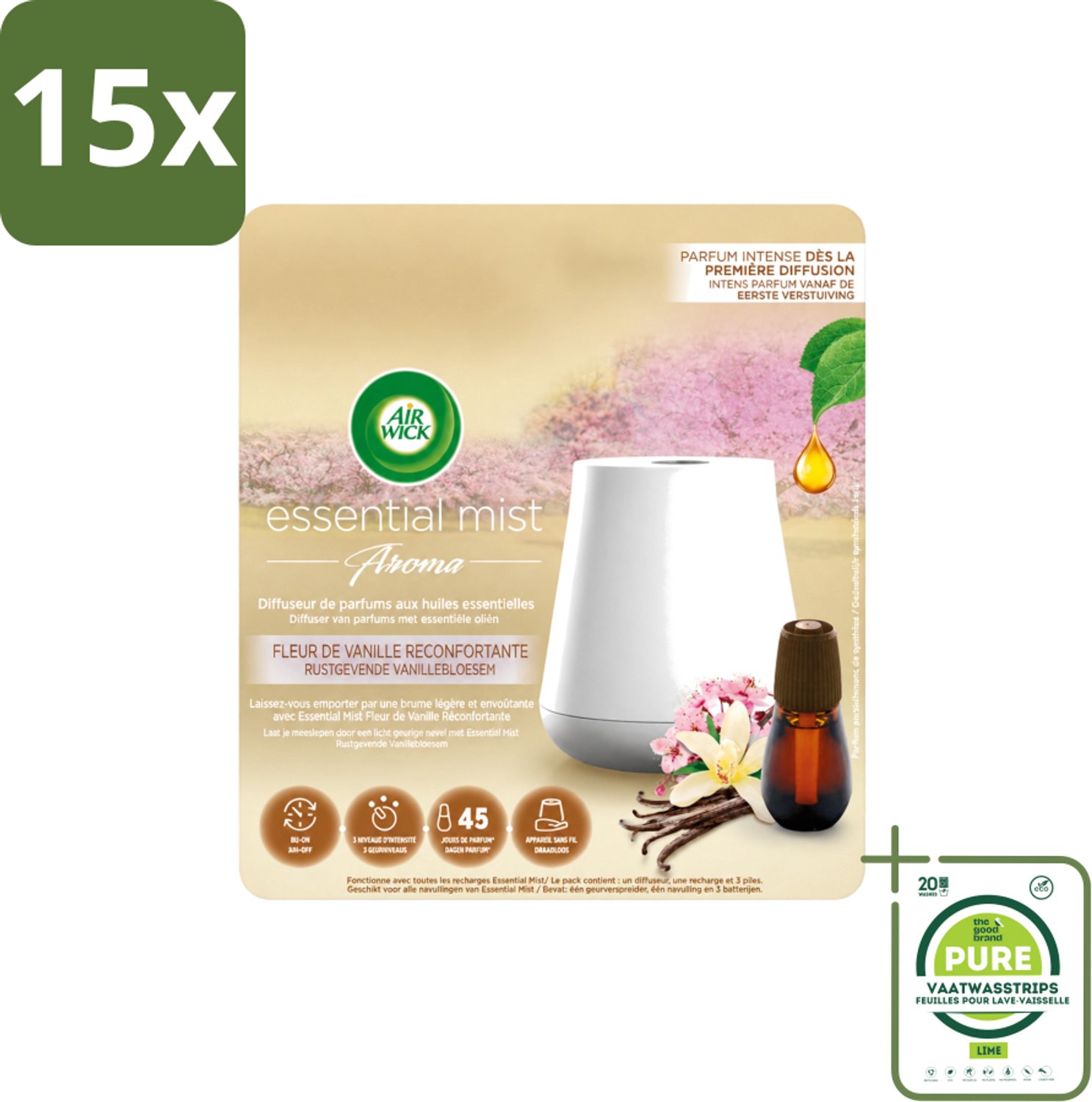 15 x Air Wick Essential Mist - Elektrische Geurverspreider - Starterkit - Rustgevende Vanillebloesem - 20ml - Grootverpakking - Vaatwasstrips - Geurverspreider - Vanillebloesem - Rustgevende Geur - Essentiële Oliën - Warme Geur