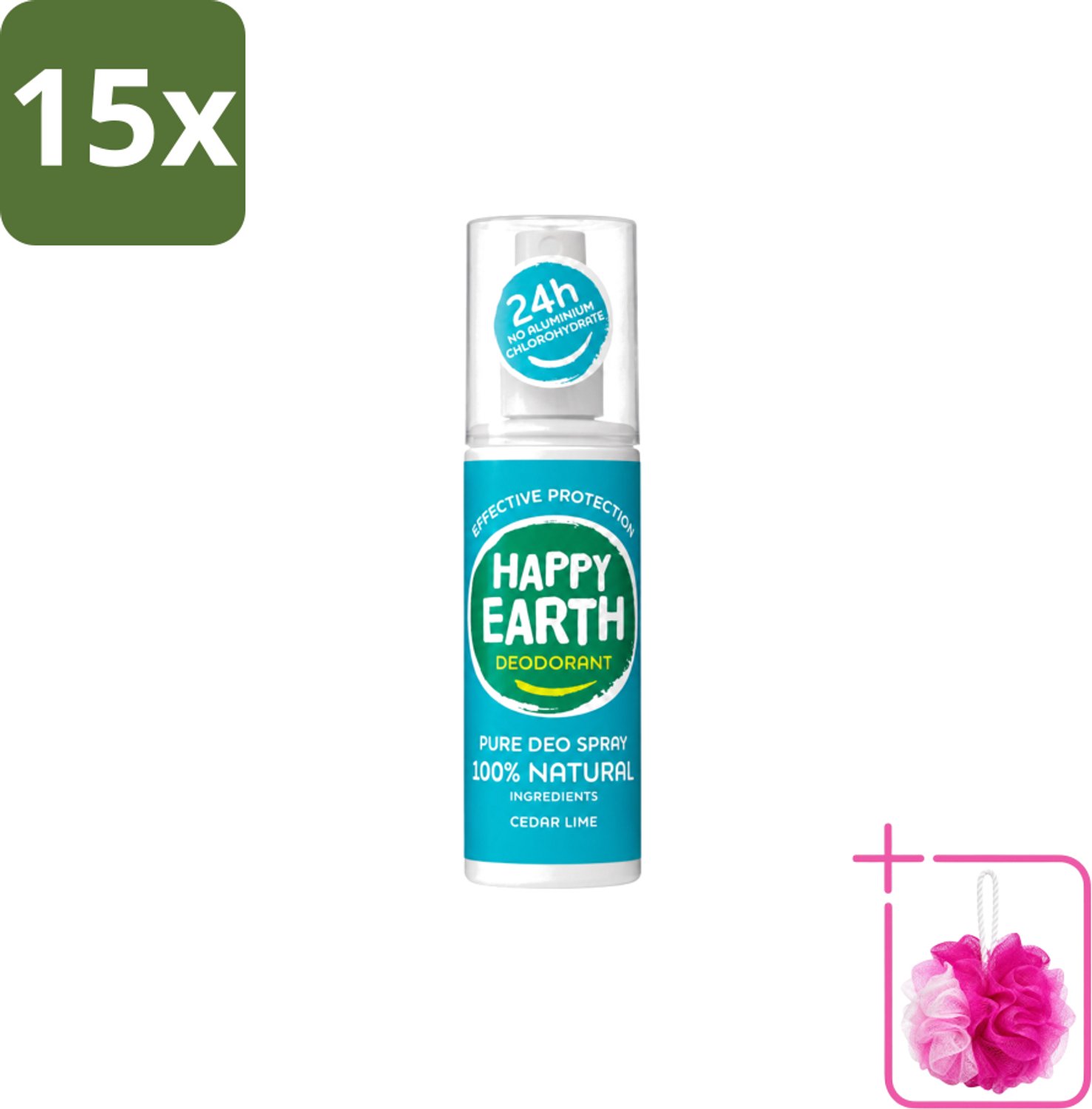 15 x Happy Earth – Deodorant Spray – 100% Natuurlijk Cedar Lime – 100 ml - Bulkverpakking - Deodorant spray - Douchemop - Fris geur