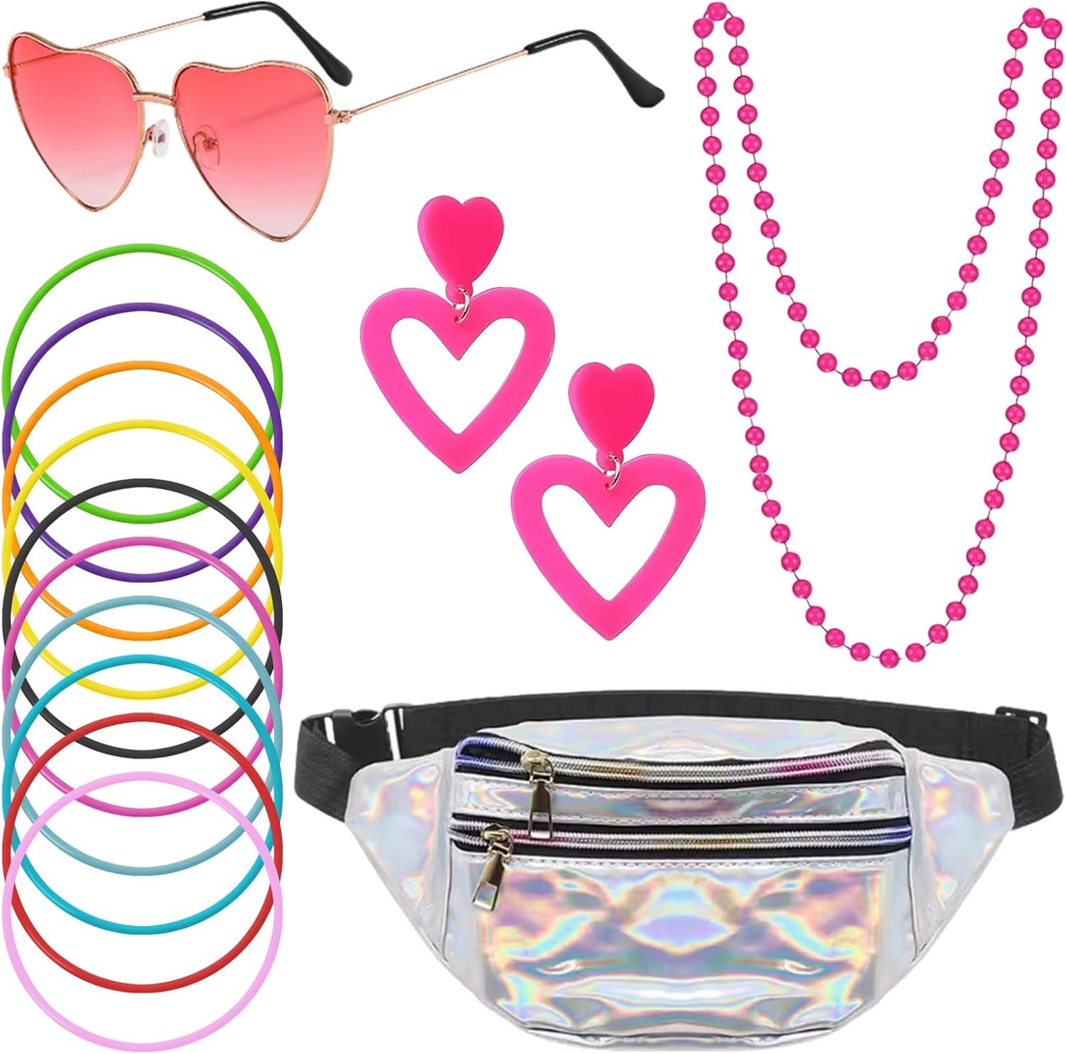 90-feestset, holografische buiktas, neon armbanden, hart zonnebril, parelketting, festival accessoireset voor Mallorca kostuum dames