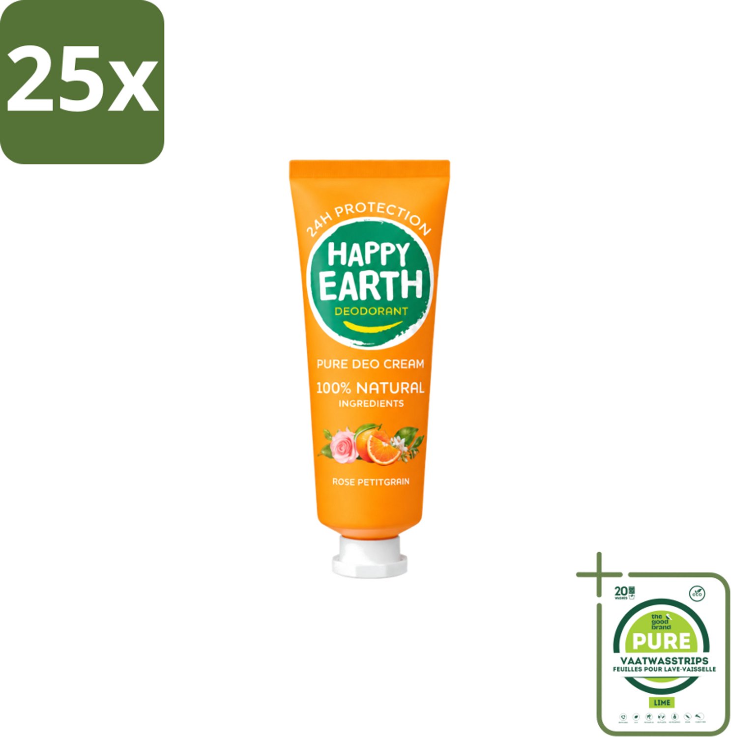 25 x Happy Earth – Deodorant Cream – 100% Natuurlijk Rose Petitgrain – 40 ml - Grootverpakking - Vaatwasstrips - Natuurlijke Deodorant - Deodorant Crème - Frisse Geur - Bloemige Geur - Huidvriendelijk