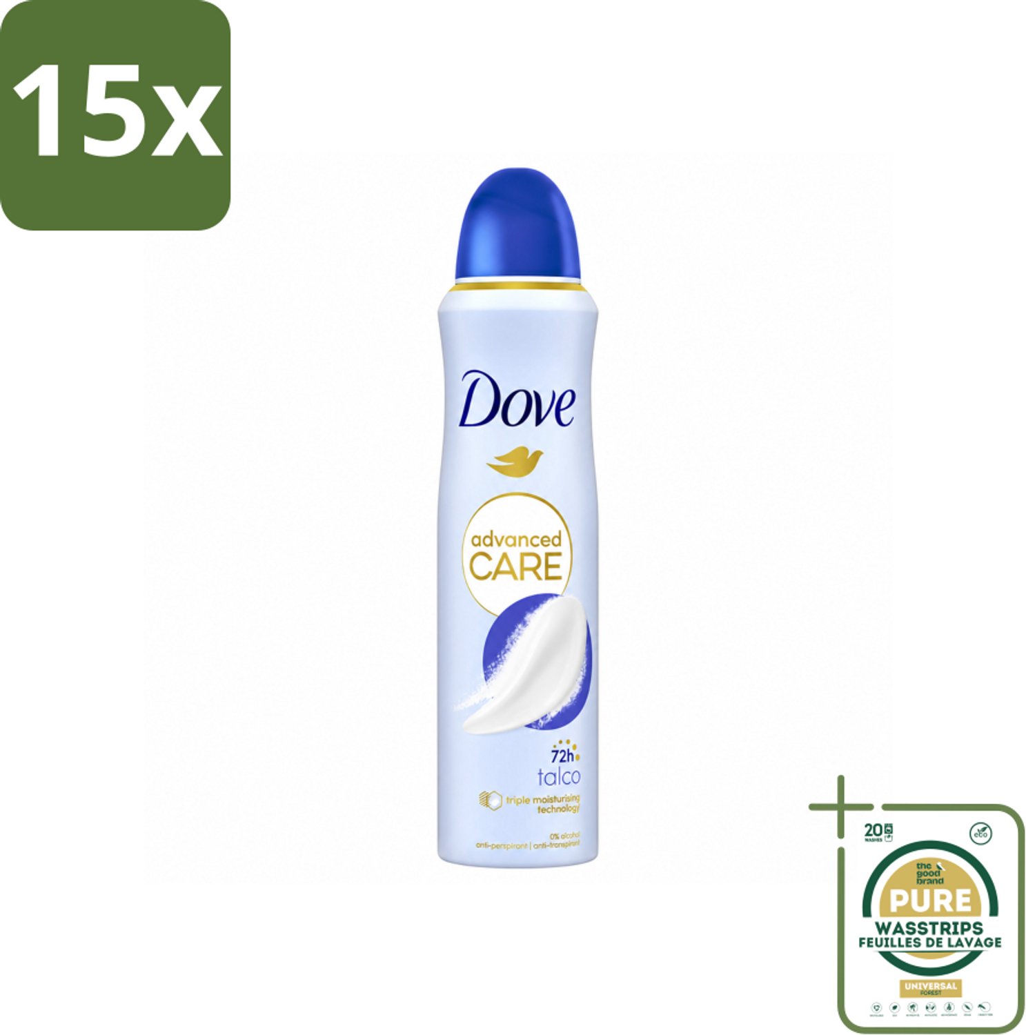 15 x Dove – Deodorant Spray – Talco – 150 ml - Wasstrips - Anti-transpirant Spray - Zweetvermindering - Geur Talco - Huidbescherming - Zweetvermindering 48 Uur