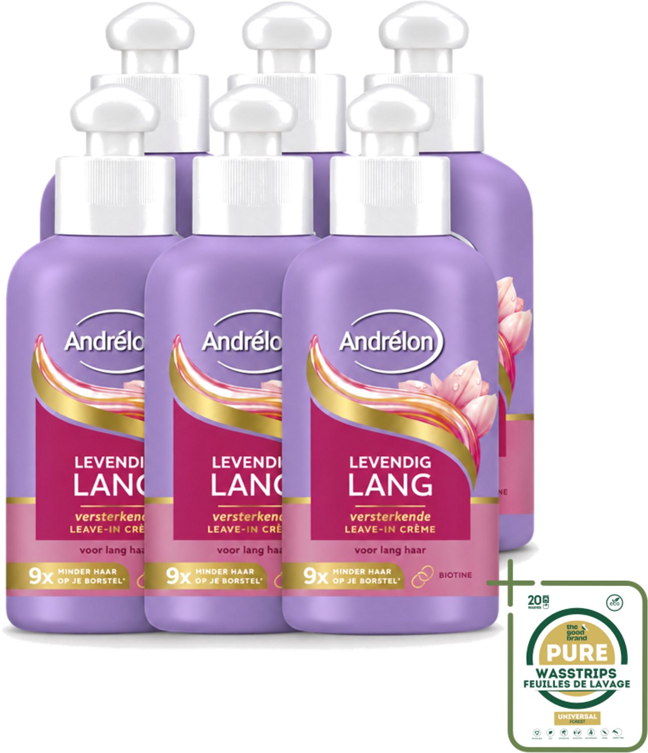6 x Andrélon – Leave-In Crème – Levendig Lang – 200 ml - Wasstrips - Haarbescherming - Haarversterking - Haarbreuk - Biotine - Lang Haar
