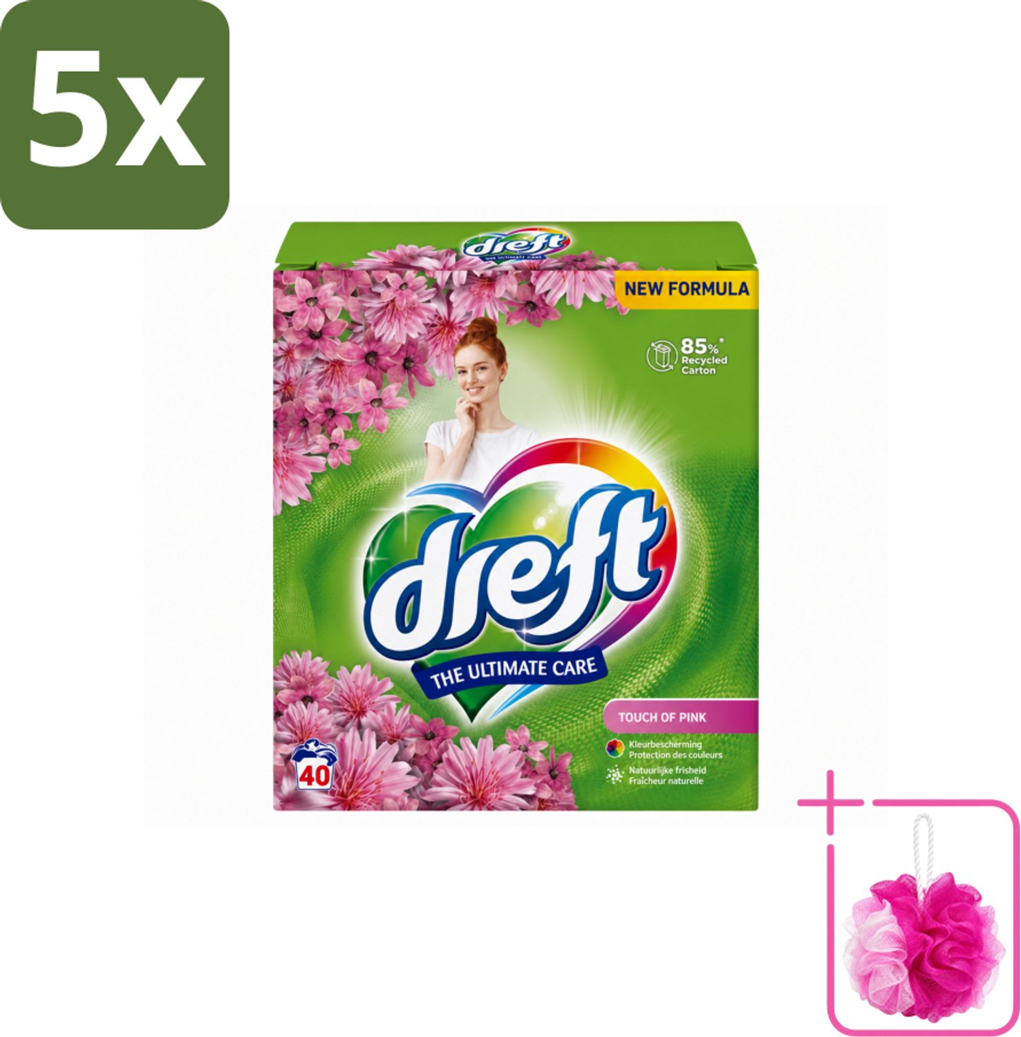 5 x Dreft – Touch Pink – Poeder Wasmiddel – 2,6 kg – 40 wasbeurten - Bulkverpakking - Wasmiddel poeder - Douchemop - Wasmiddel voor kleding