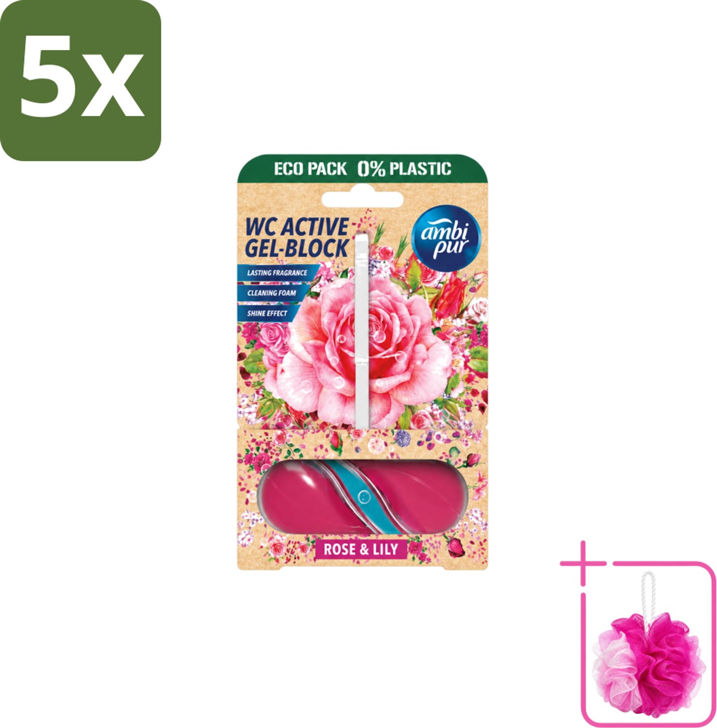 5 x Ambi Pur – Toiletblok – Roos & Lelie – 45 g - Bulkverpakking - Toiletblok roos en lelie - Douchemop - Frisse geur toilet