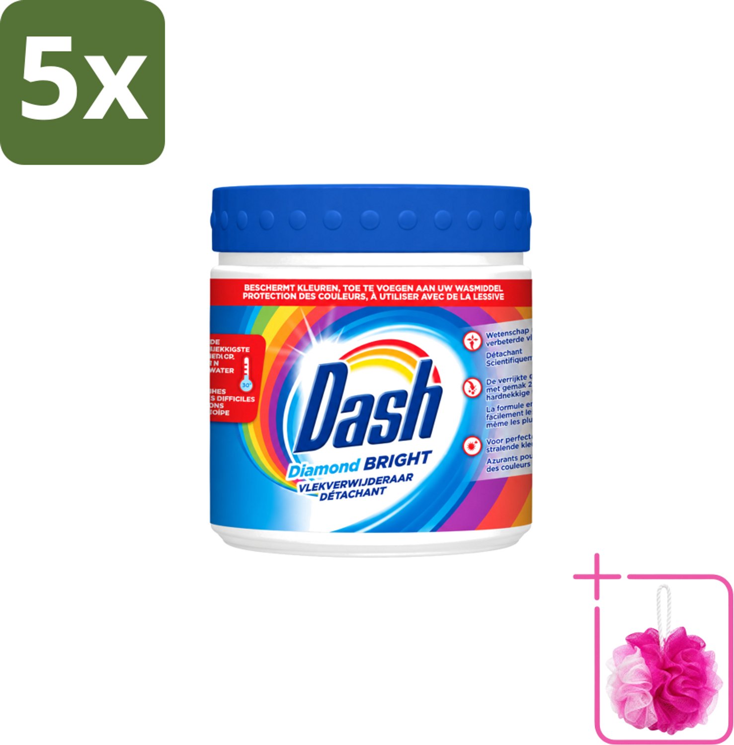 5 x Dash – Vlekverwijderaar – Diamond Bright Kleur – 500 g - Bulkverpakking - Waspoeder - Douchemop - Vlekverwijderaar