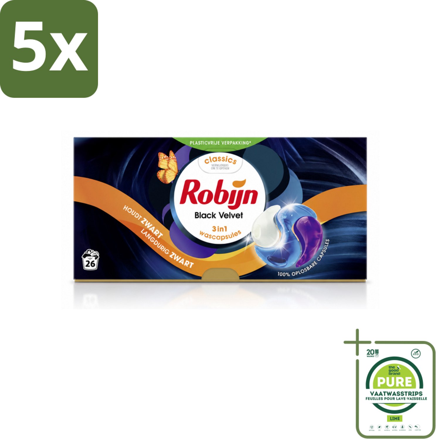 5 x Robijn – 3-in-1 Wascapsules – Black Velvet - 26 Capsules - Grootverpakking - Vaatwasstrips - Zwarte Was - Donkere Was - Wascapsules - Wasbeurten - Wasverzachter