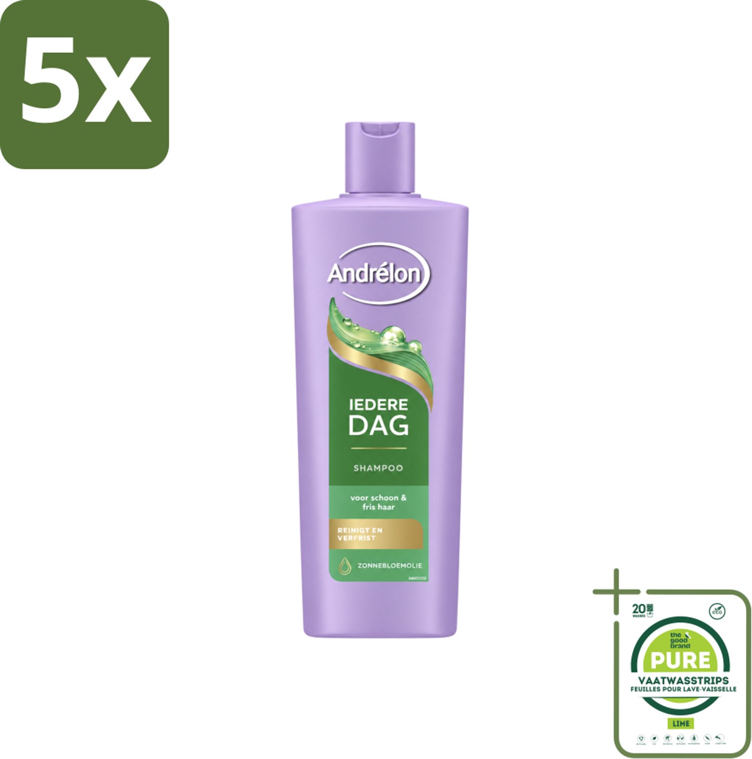 5 x Andrélon – Shampoo – Iedere Dag – 400 ml - Grootverpakking - Vaatwasstrips - Dagelijks Haar Wassen - Fris Haar - Gezond Haar - Zonnebloemolie Shampoo - Milde Shampoo