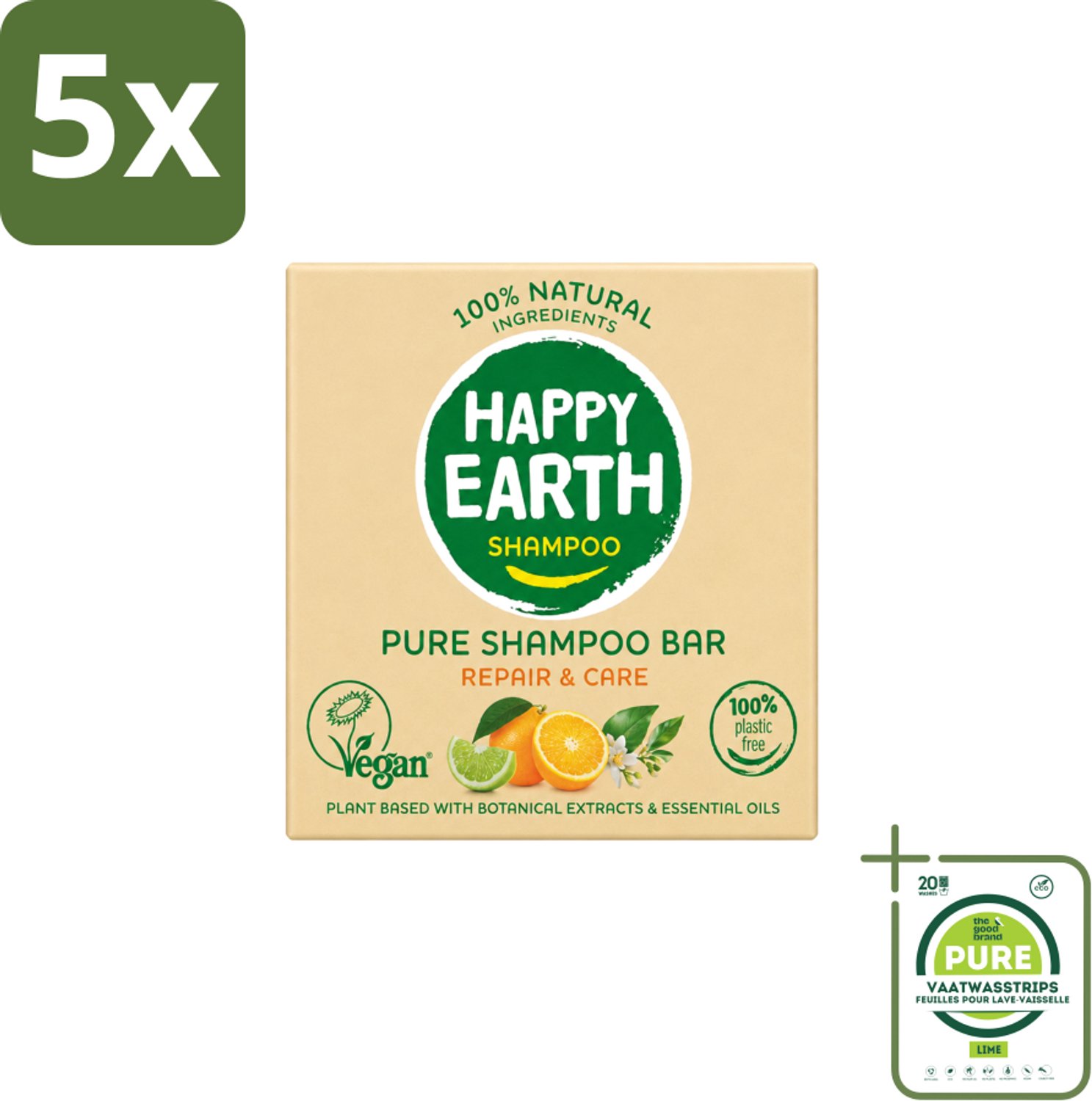 5 x Happy Earth – Shampoo Bar – 100% Natuurlijk Repair & Care – 70 g - Grootverpakking - Vaatwasstrips - Shampoo Bar - Droog Haar - Beschadigd Haar - Natuurlijke Shampoo - Vegan Shampoo