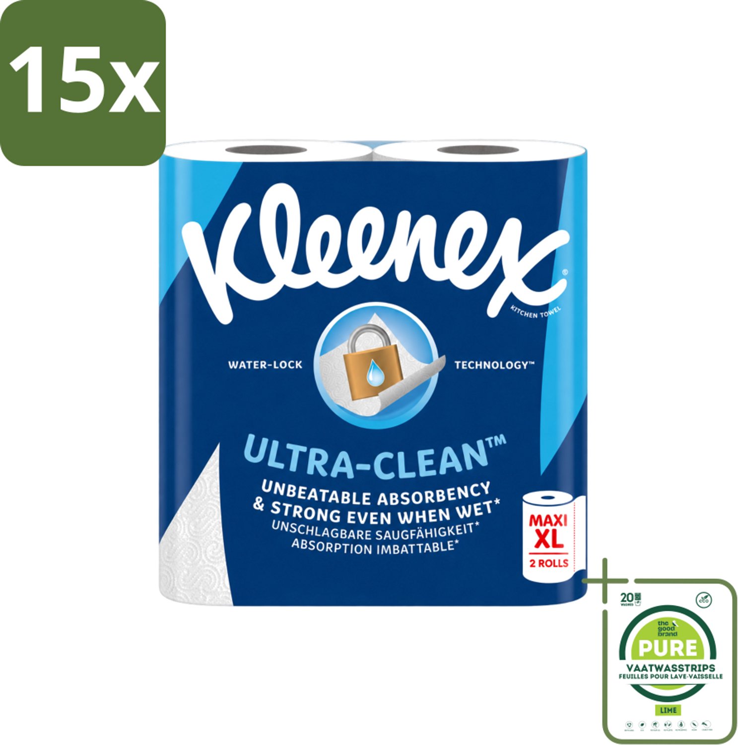 15 x Kleenex - Keukenpapier - Ultra Clean - Maxi XL - Absorberend - 2 Rollen - Grootverpakking - Vaatwasstrips - Kleenex Keukenpapier - Keukenpapier - Papier Handdoek - Absorptievermogen - Natte Omstandigheden