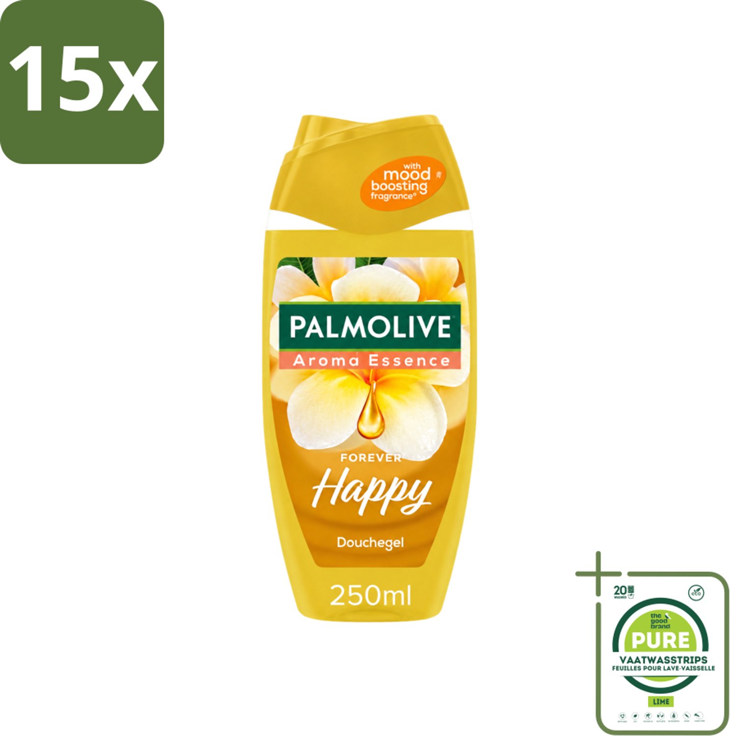 15 x Palmolive - Arroma Essence - Douchegel - Frangipani & Neroli - Forever Happy - 250 ml - Grootverpakking - Vaatwasstrips - Douchegel - Frangipani - Neroli - Geur - Reiniging