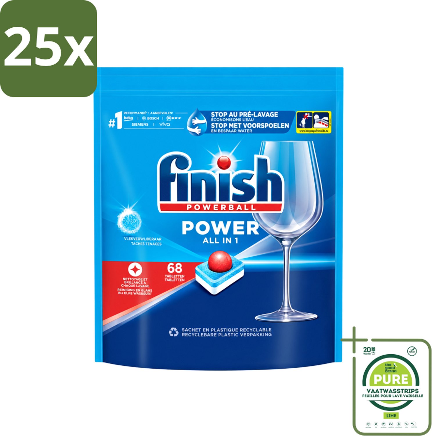 25 x Finish Powerball - Power All in 1 - Vaatwastabletten - Reiniging & Glans - 68 Tabletten - Grootverpakking - Vaatwasstrips - Vaatwastabletten - Vaat Reinigen - Vlekverwijderaar - Vaatwasmiddel - Krachtige Vaatwasmiddel