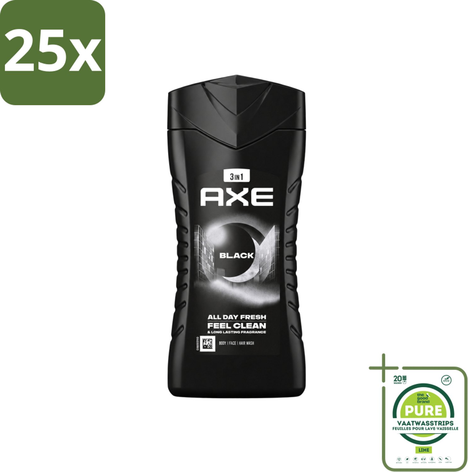 25 x Axe - 3-in-1 Douchegel - Black - Frozen Pear & Cedarwoord - 12hrs Long Lasting Scent - 250 ml - Grootverpakking - Vaatwasstrips - Douchegel - Lichaam - Gezicht - Haar - Frisheid