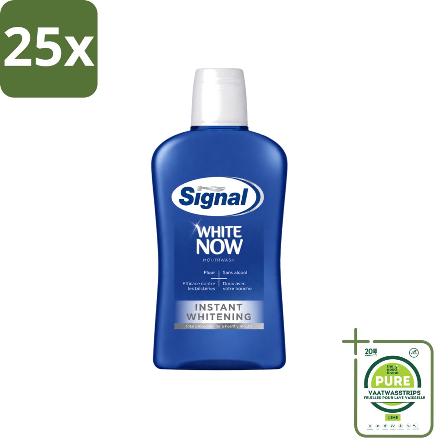 25 x Signal - White Now - Mondwater - 0 % Alcohol - 500 ml - Grootverpakking - Vaatwasstrips - Mondwater - Mondverzorging - Fluoride - Tandplak - Bacteriën
